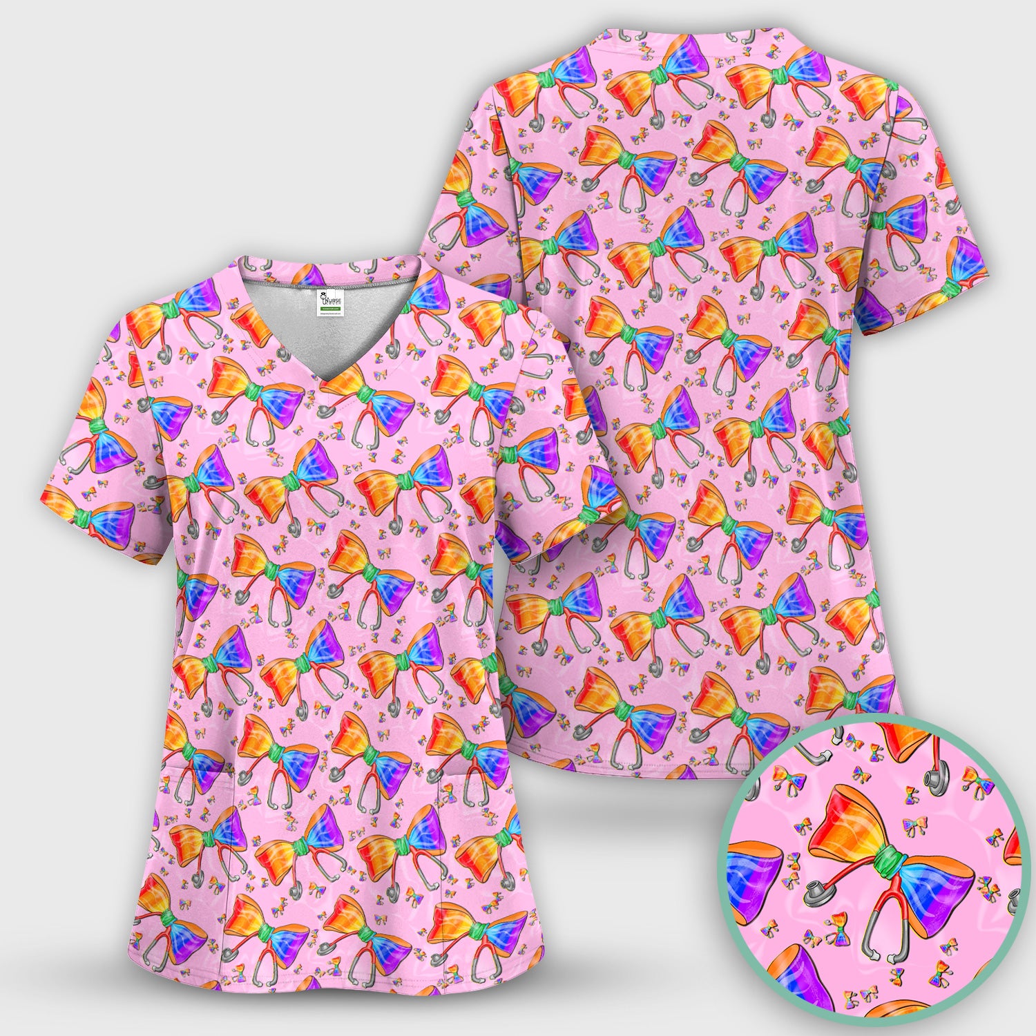 Colorful Rainbow Bow Stethoscope Pattern Scrub Top, Breathable Fabrics Nursing Uniform