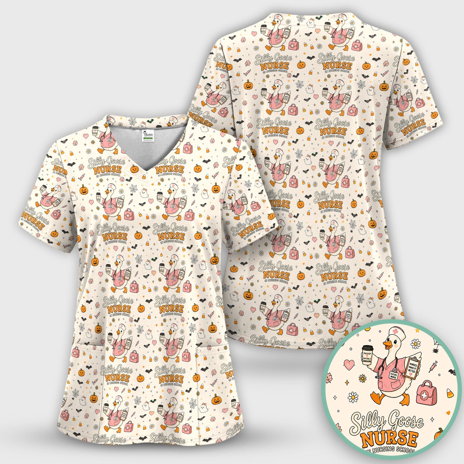 Funny Halloween Silly Goose Pattern Scrub Set, Scrub Pants and V Neck Top