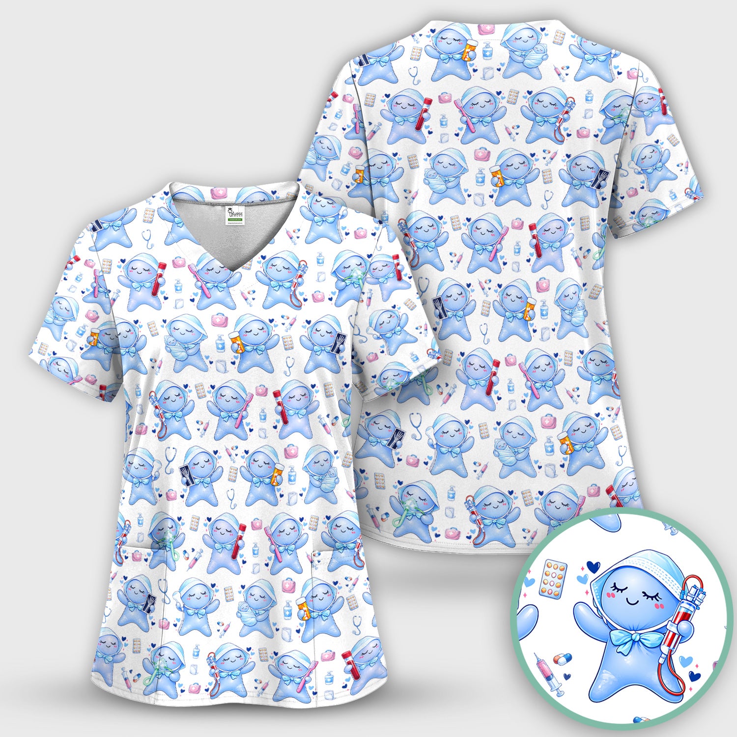 Cute Tooth Character Dental Tools Caring Pattern Scrub Set, Breathable Med Uniform