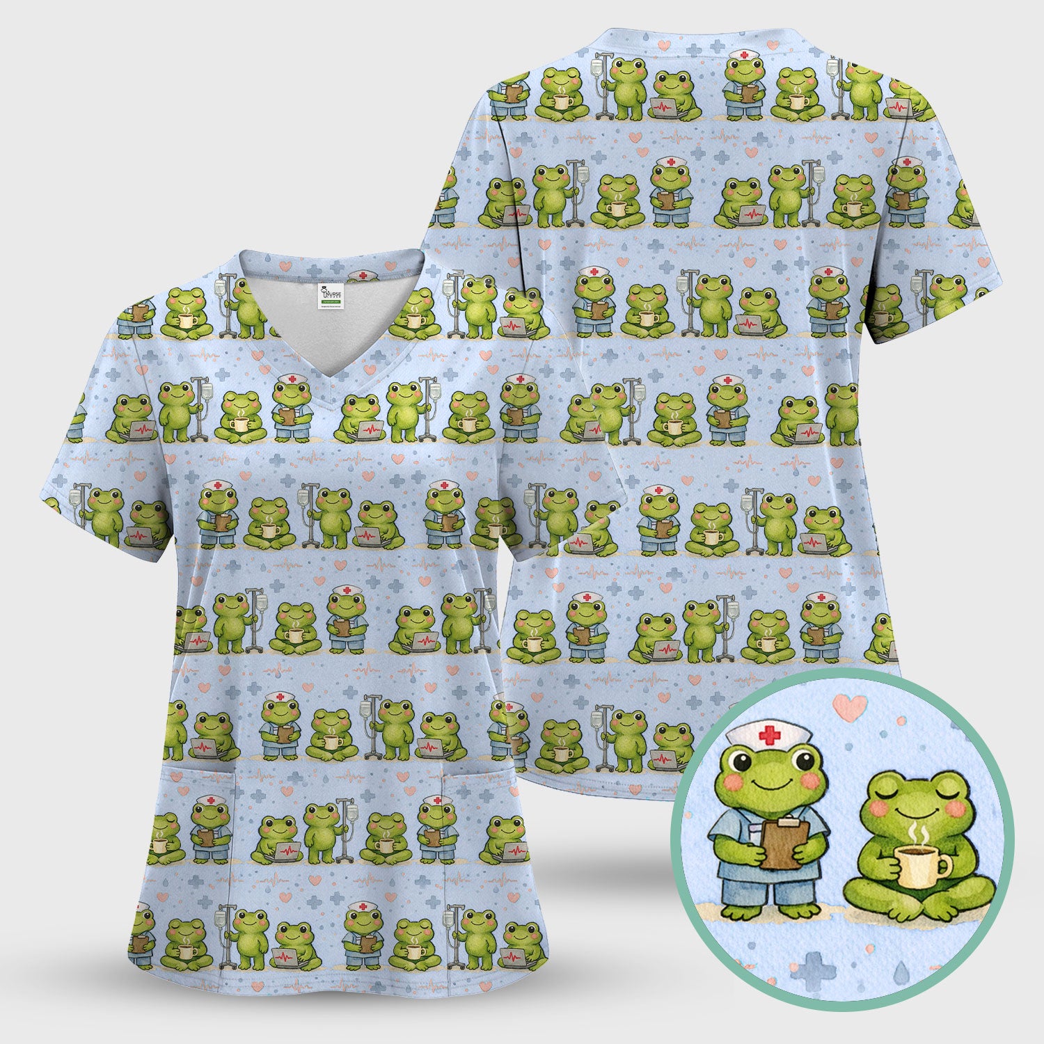 Adorable Frog Nurse Various Poses Print Scrub Top, Comfortable Scrubs for Nurses