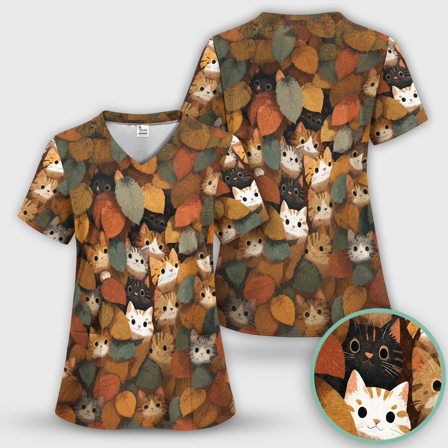 Cute Autumn Cat Leaf Pile Pattern Scrub Top, Comfortable Scrubs for Nurses