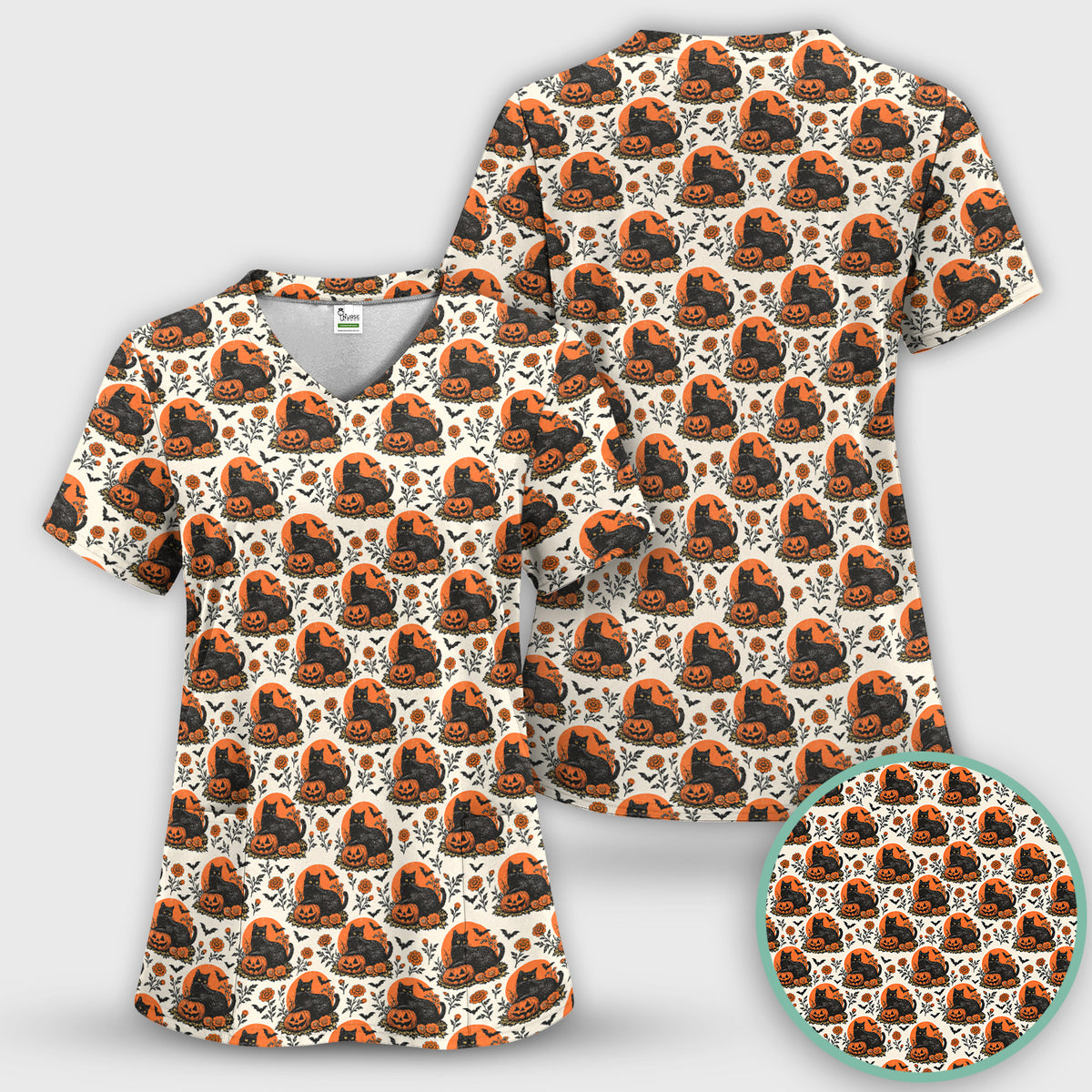 Halloween Black Cat Energy Pattern Scrub Top, Comfortable Scrubs for Nurses