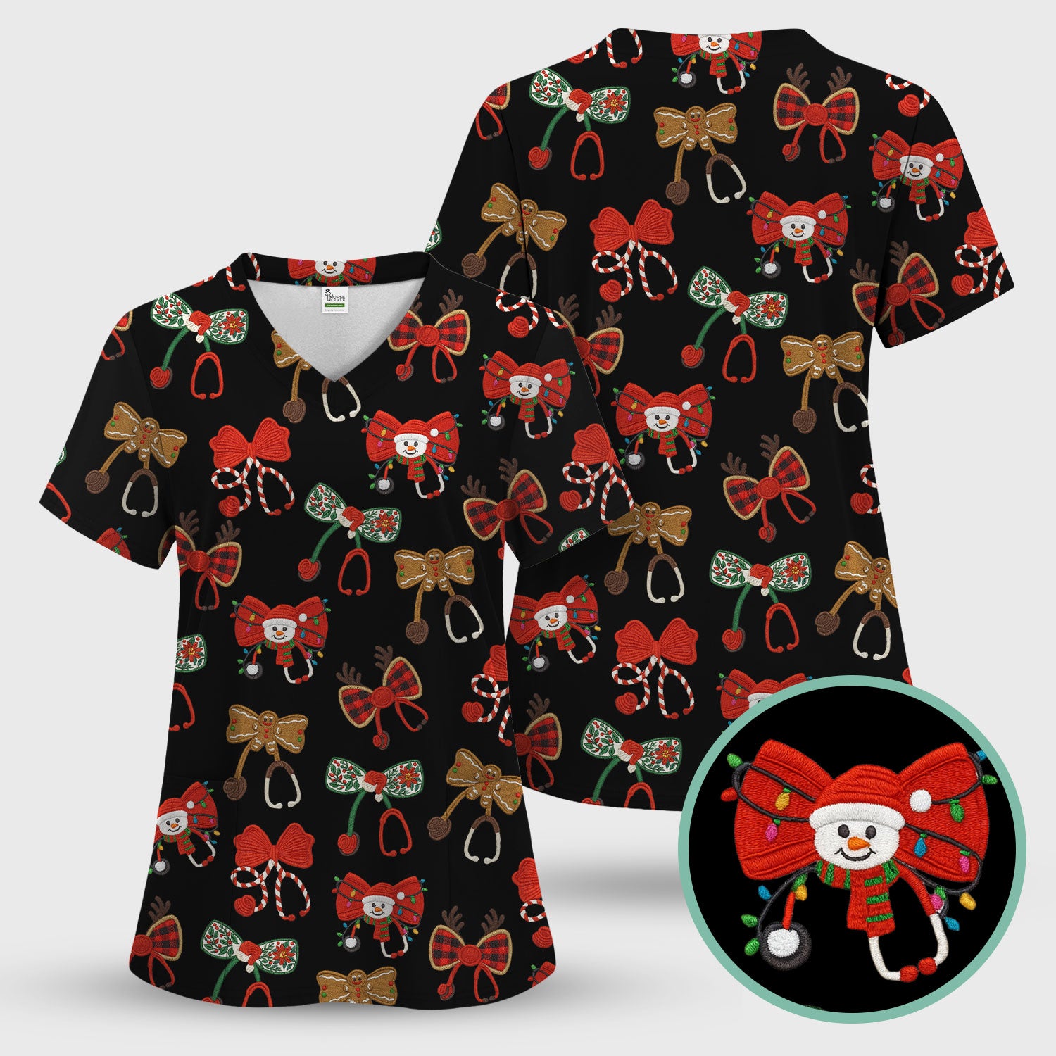 Christmas Stethoscope Bow Nurse Scrub Top, Xmas Pattern Scrub Shirt, Holiday Nursing Uniform