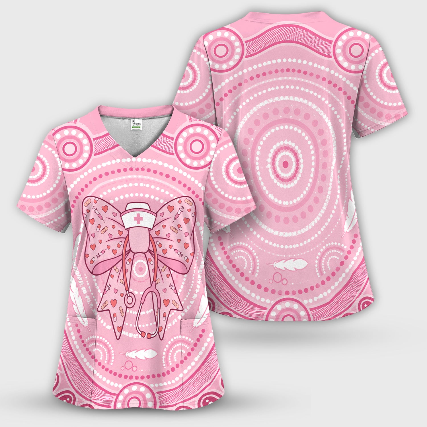 Pink Nurse Bow Stethoscope Pattern Scrub Top, Comfortable Scrubs for Nurses