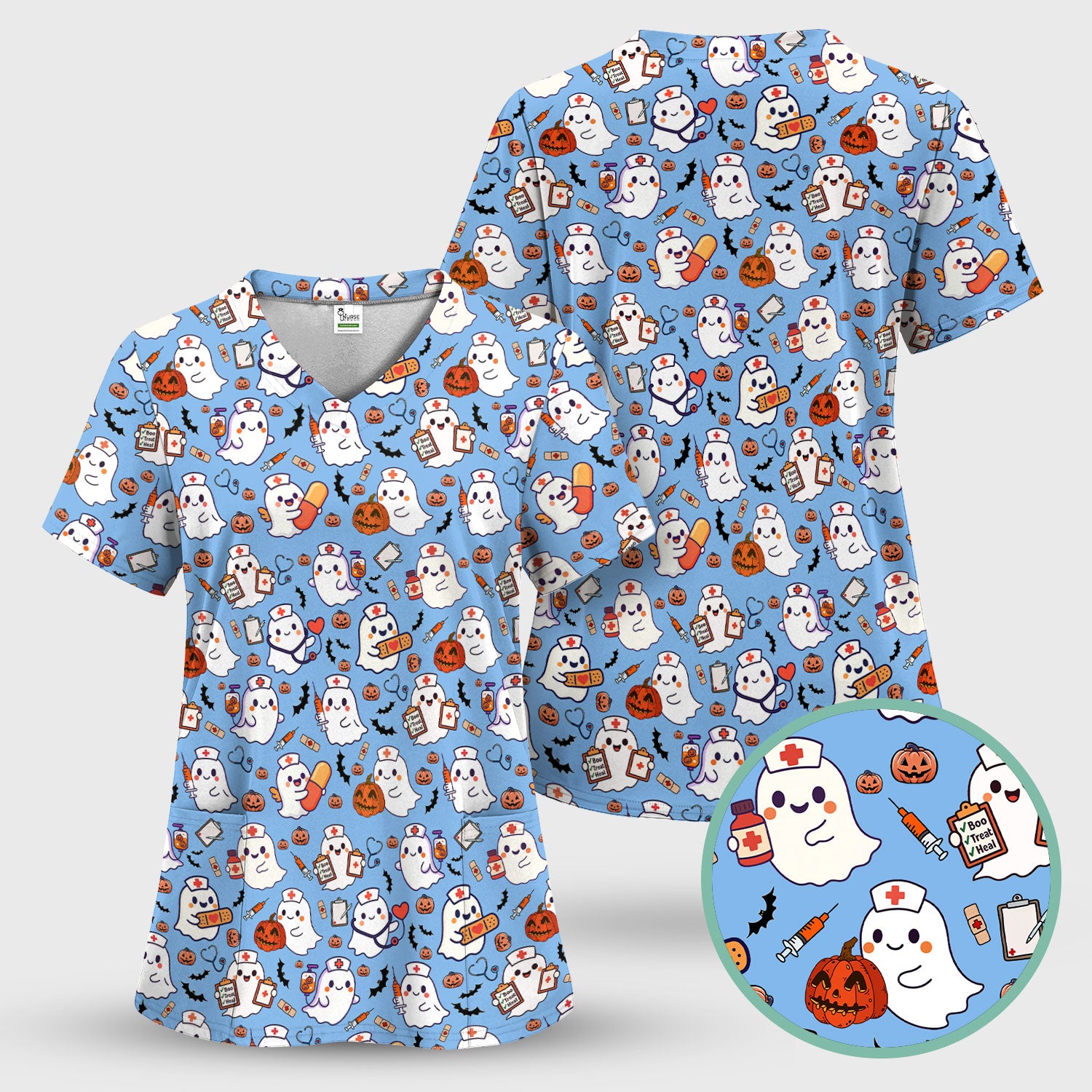 Boo Halloween Scrub Top - Pumpkin Shirt Womens - Comfortable Scrubs for Nurses - Breathable Fabrics Nursing Uniform