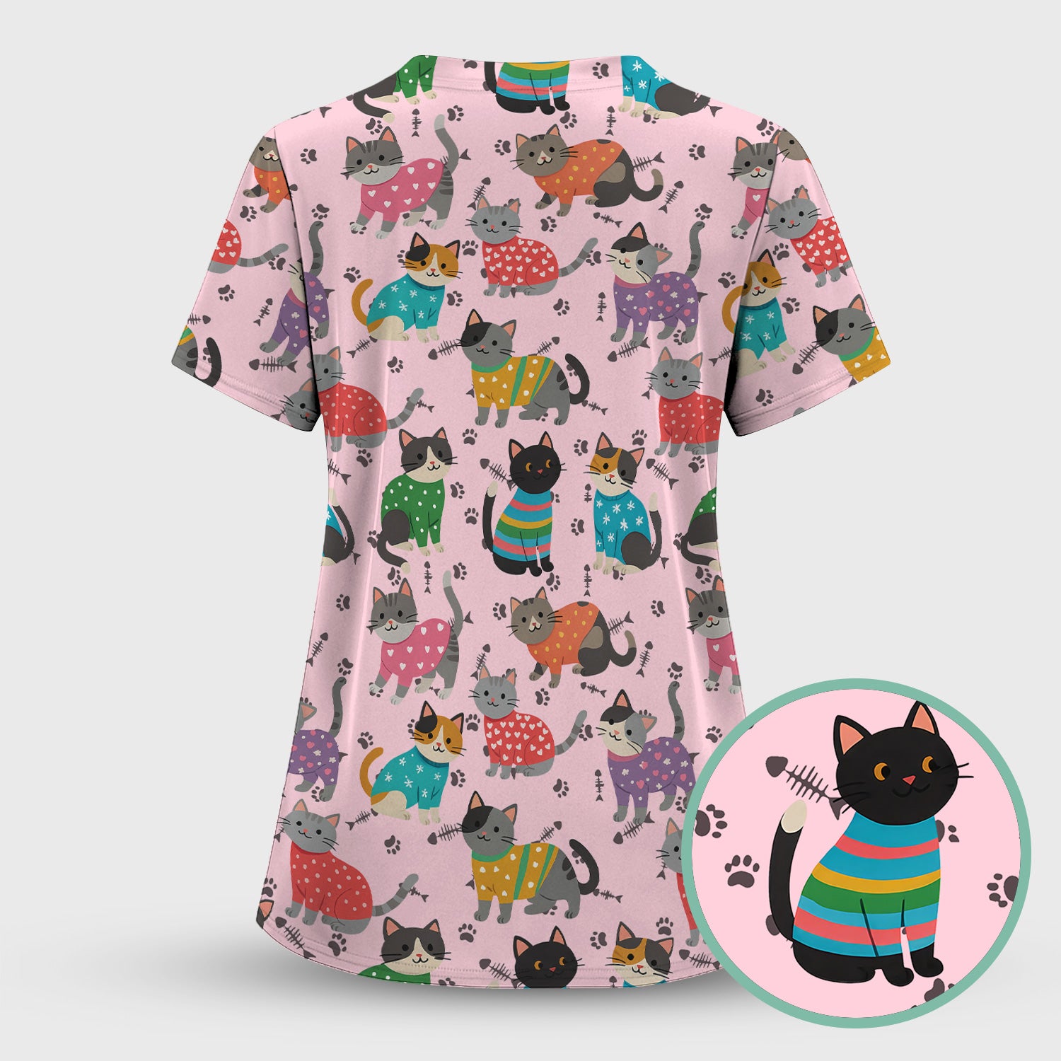 Custom Cat Scrub Top Multi Color - Cute Kitty Print Scrub Shirt for Nurses - Funny Colorful Nursing Workwear with Pockets