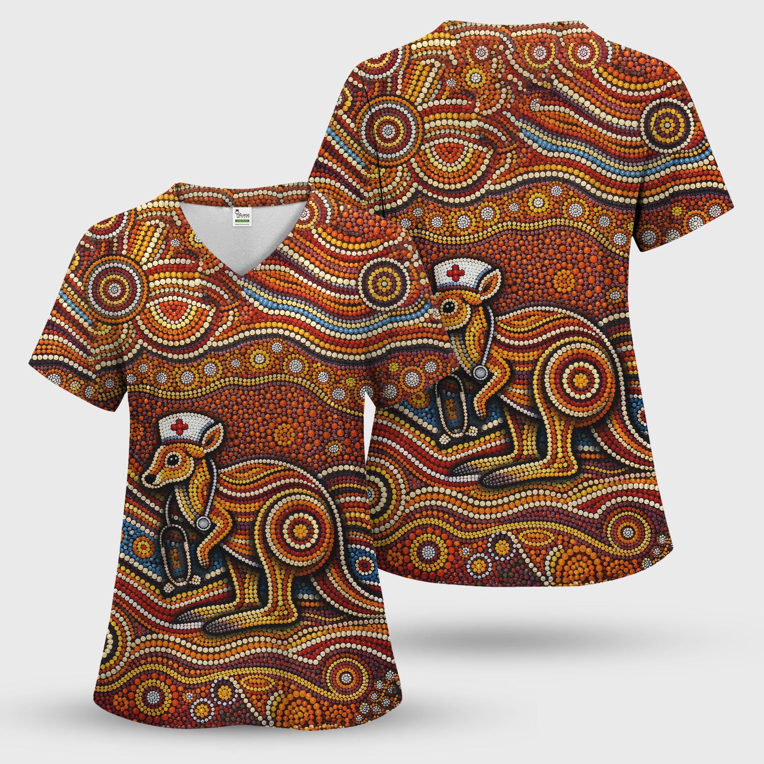 Australian Aboriginal Nurse Scrub Set, Kangaroo Dot Art Medical Nurses Shirt, Breathable Fabrics Nursing Uniform