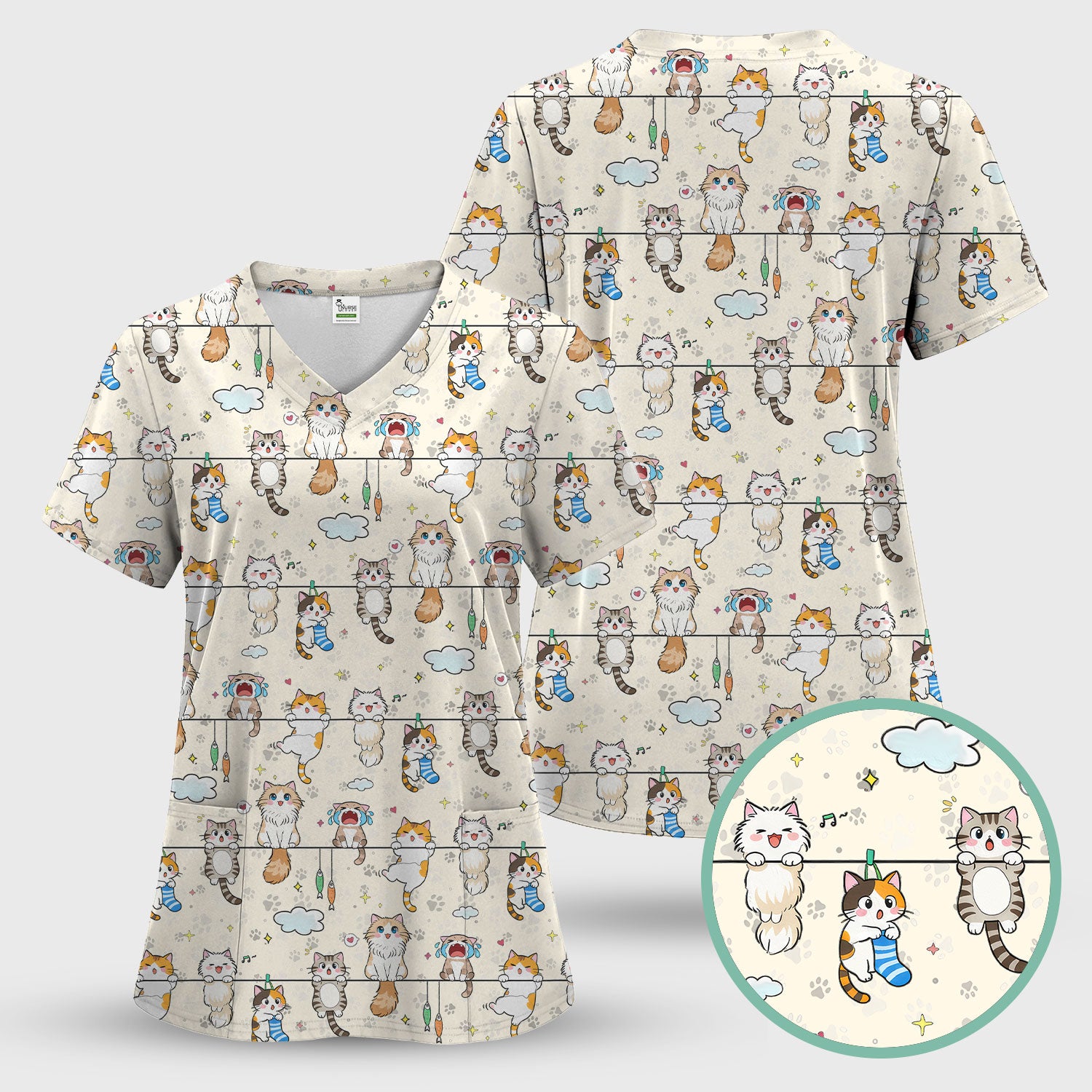 Funny Cats With Cute Expressions Pattern Scrubs Top, Comfortable Scrubs for Nurses