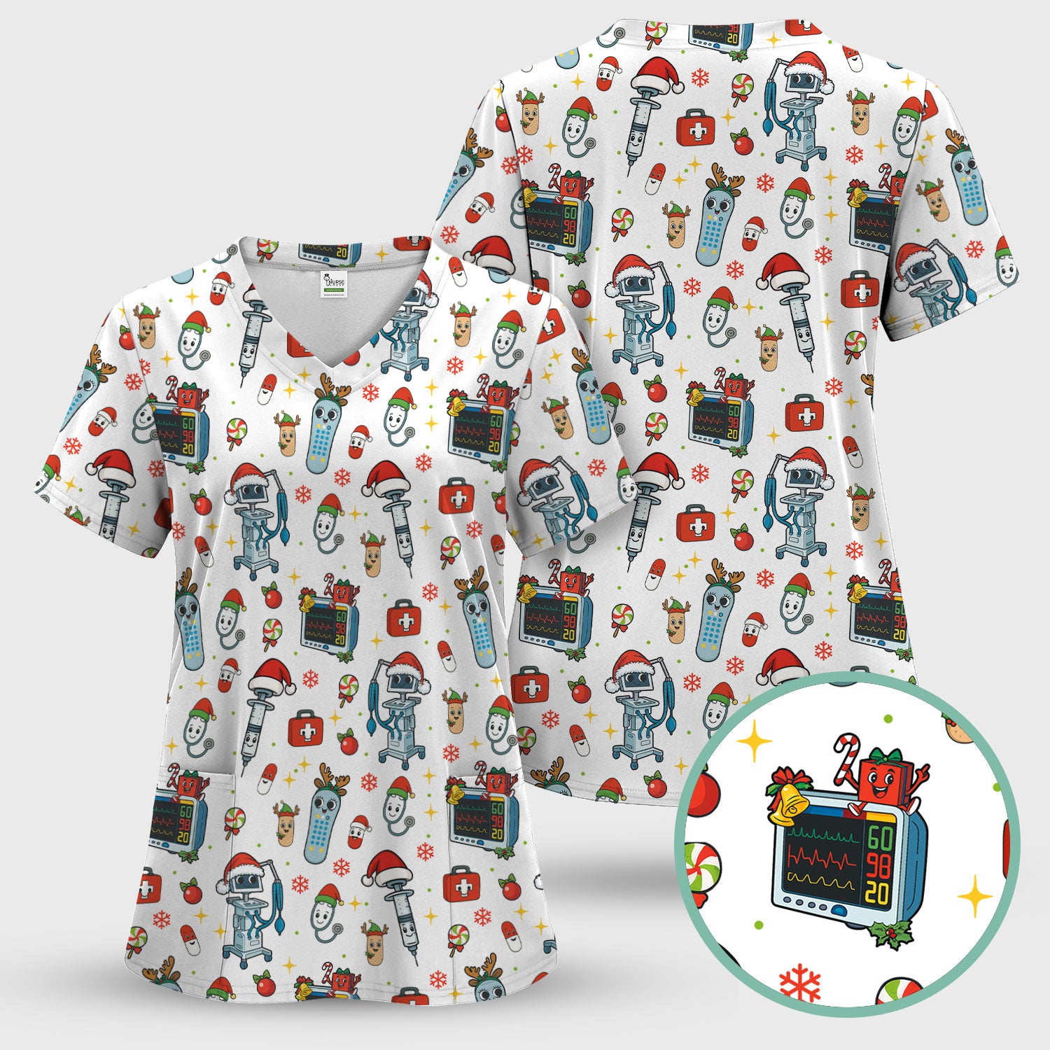 Christmas Nurse Scrub Set - Funny Robot and Reindeer Pattern Medical Scrubs - Cute Holiday Matching Set for Women Nurses