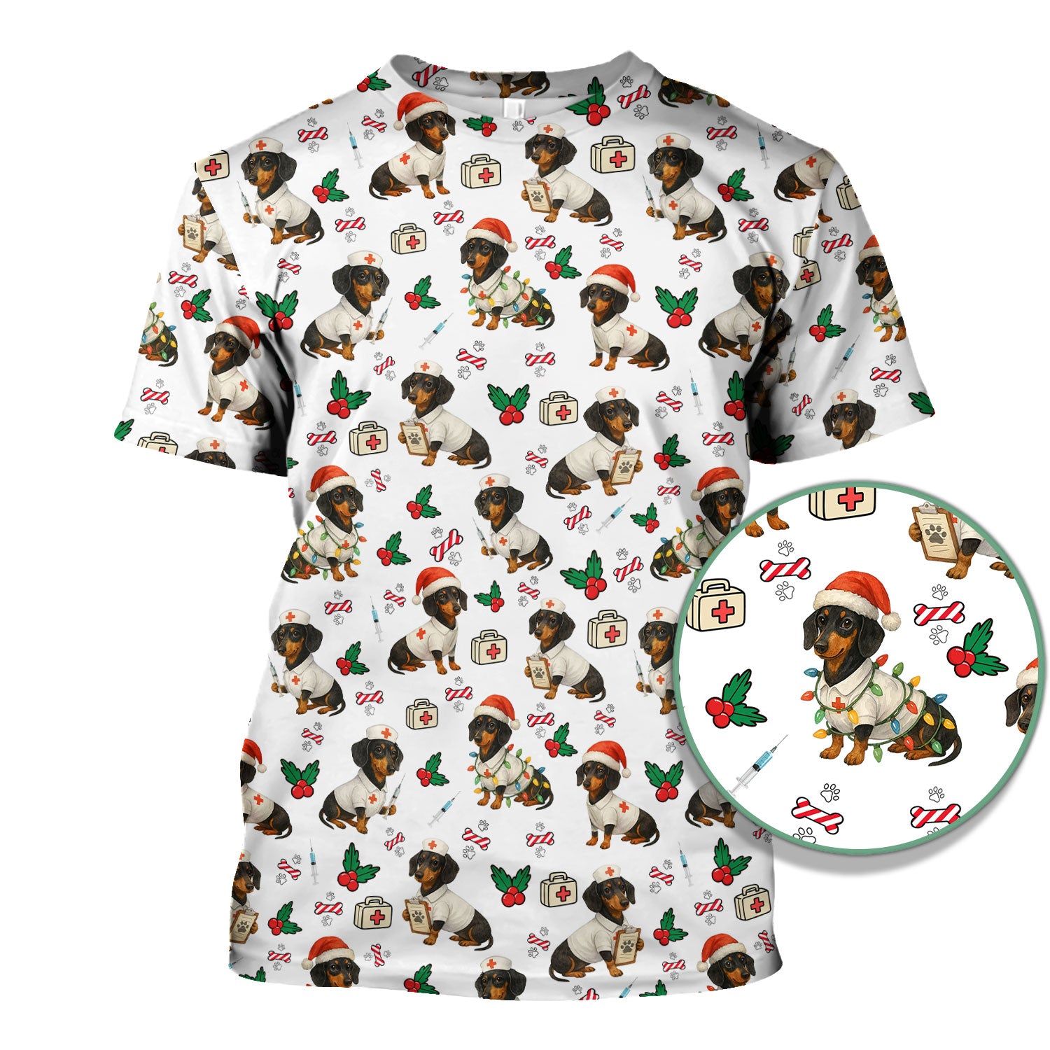 Christmas Dachshund Nurse Scrub Top - Funny Dachshund Dog Scrub Shirt Multi Color - Cute Holiday Nursing Work Shirt for Women