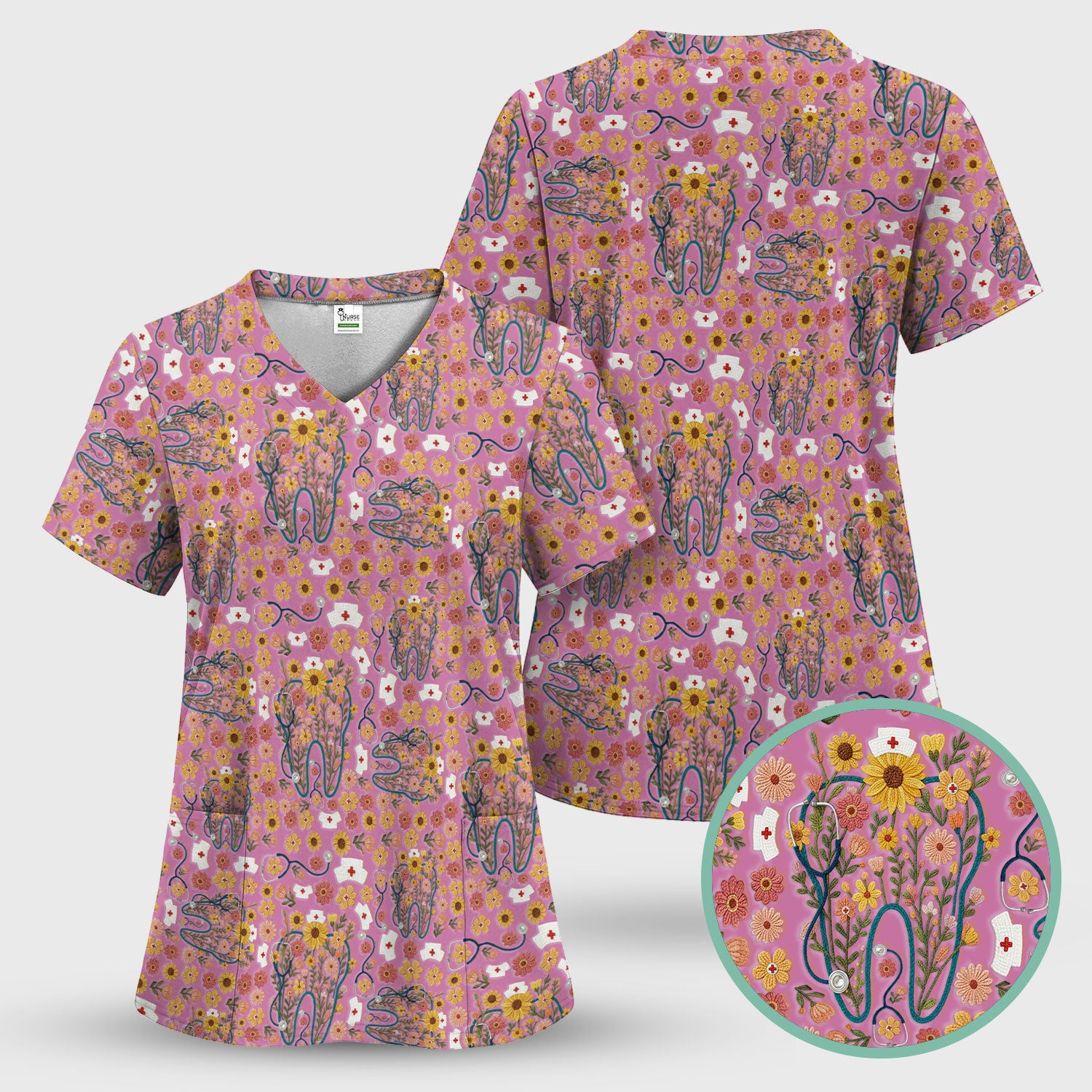 Boho Floral Tooth Scrub Top - Aesthetic Dental Scrubs for Women - Cute Flower Tooth Pattern Medical Uniform - Hygienist Christmas Gift