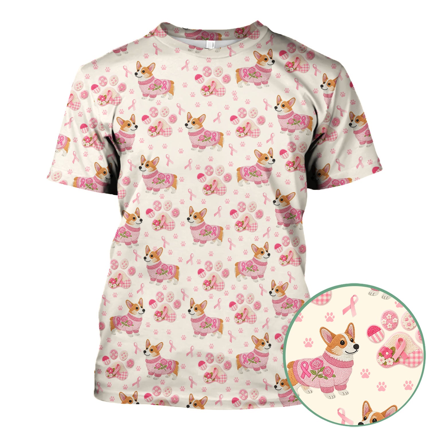 Floral Corgi Scrub Top for Women - Cute Dog Paw Print with Pink Ribbon Shirt - Breast Cancer Awareness October Gift