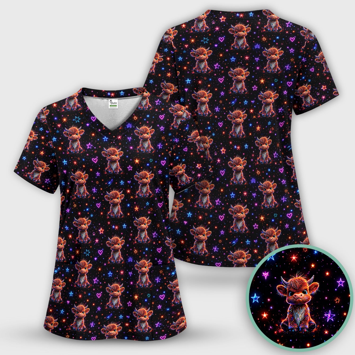 Neon Highland Cow Stars Pattern Scrub Top, Comfortable Scrubs for Nurses