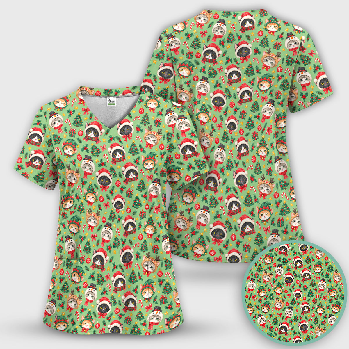 Christmas Cats And Trees Pattern Scrub Set, Scrub Pants and V Neck Top