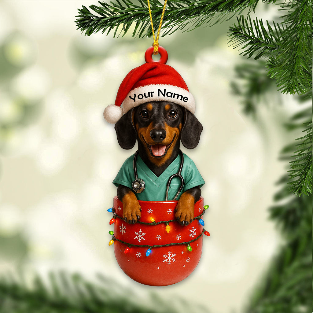 Dachshund Nurse Christmas Ornament – Custom Name Scrub Outfit Holiday Decor, Cute Medical Dog Xmas Gift for Healthcare Workers