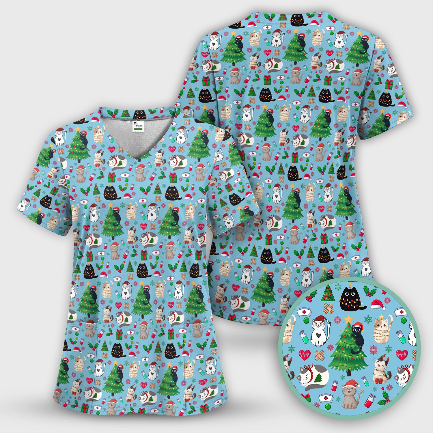 Christmas Cat Scrub Top, Xmas Pet Pattern Scrub Shirt, Breathable Fabrics Nursing Uniform