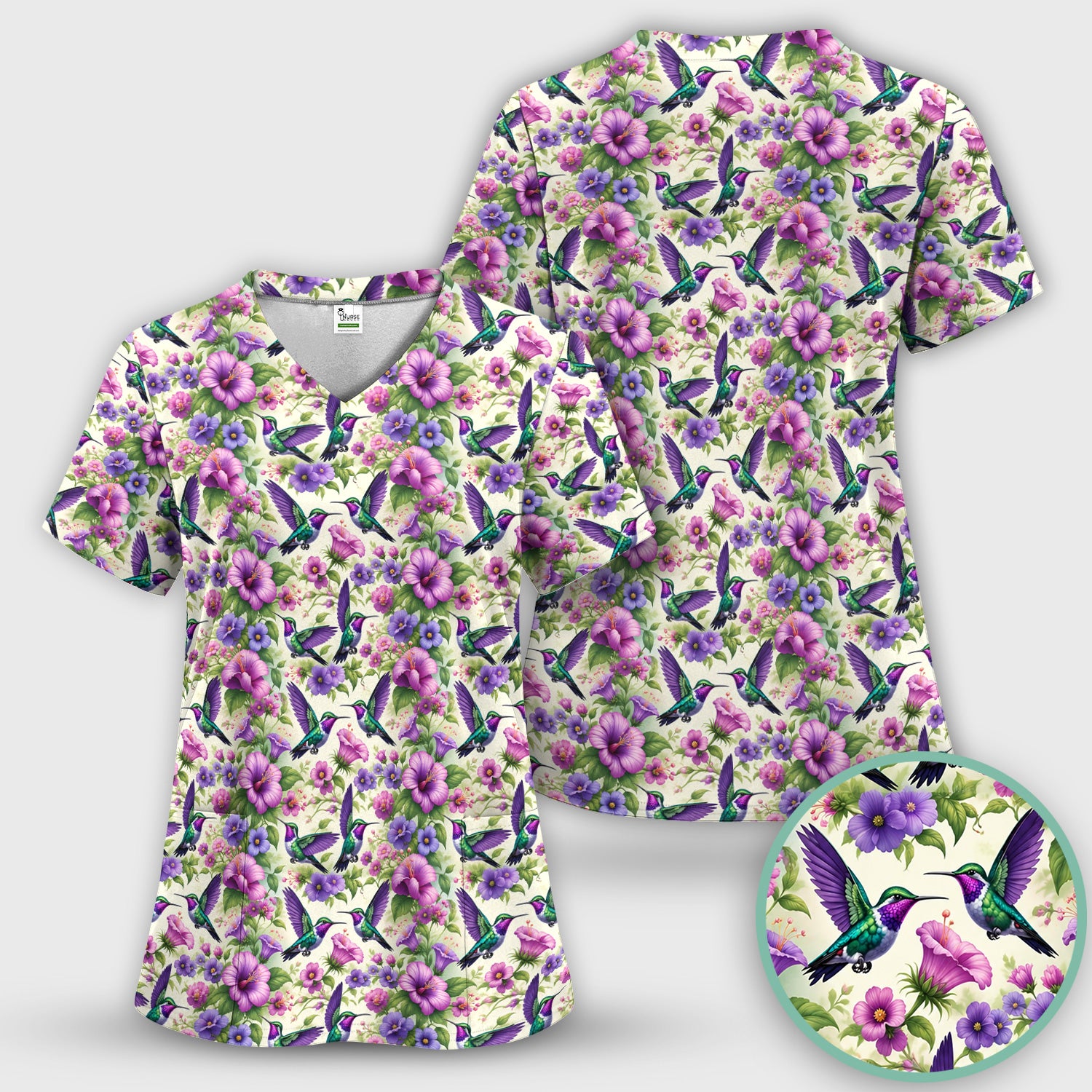 Purple Hummingbird Hibiscus Floral Pattern Scrub Top, Comfortable Scrubs for Nurses