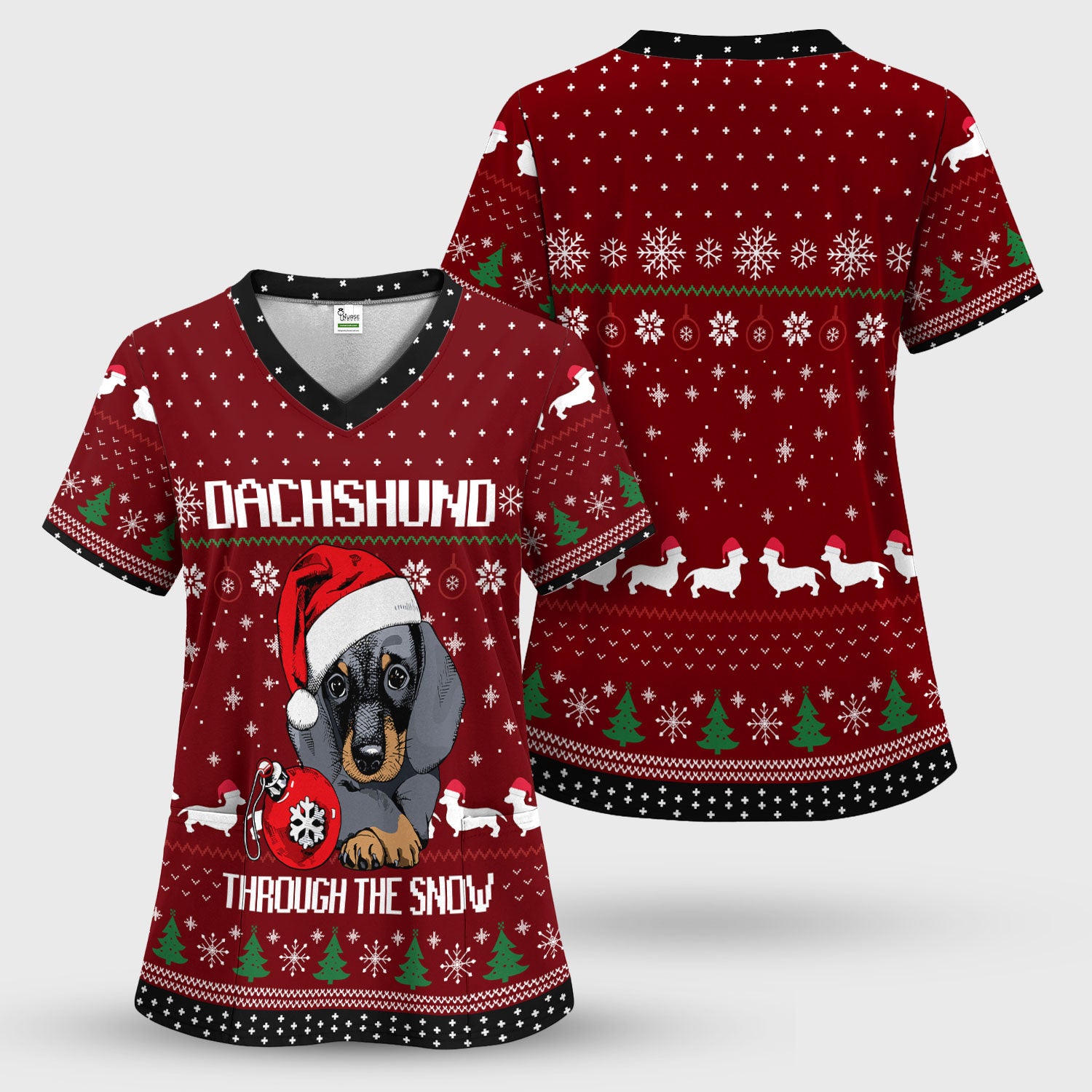 Dachshund Christmas Scrub Top - Funny Sausage Dog Nurse Shirt - Cute Holiday Scrubs for Women RN LPN CNA Gift