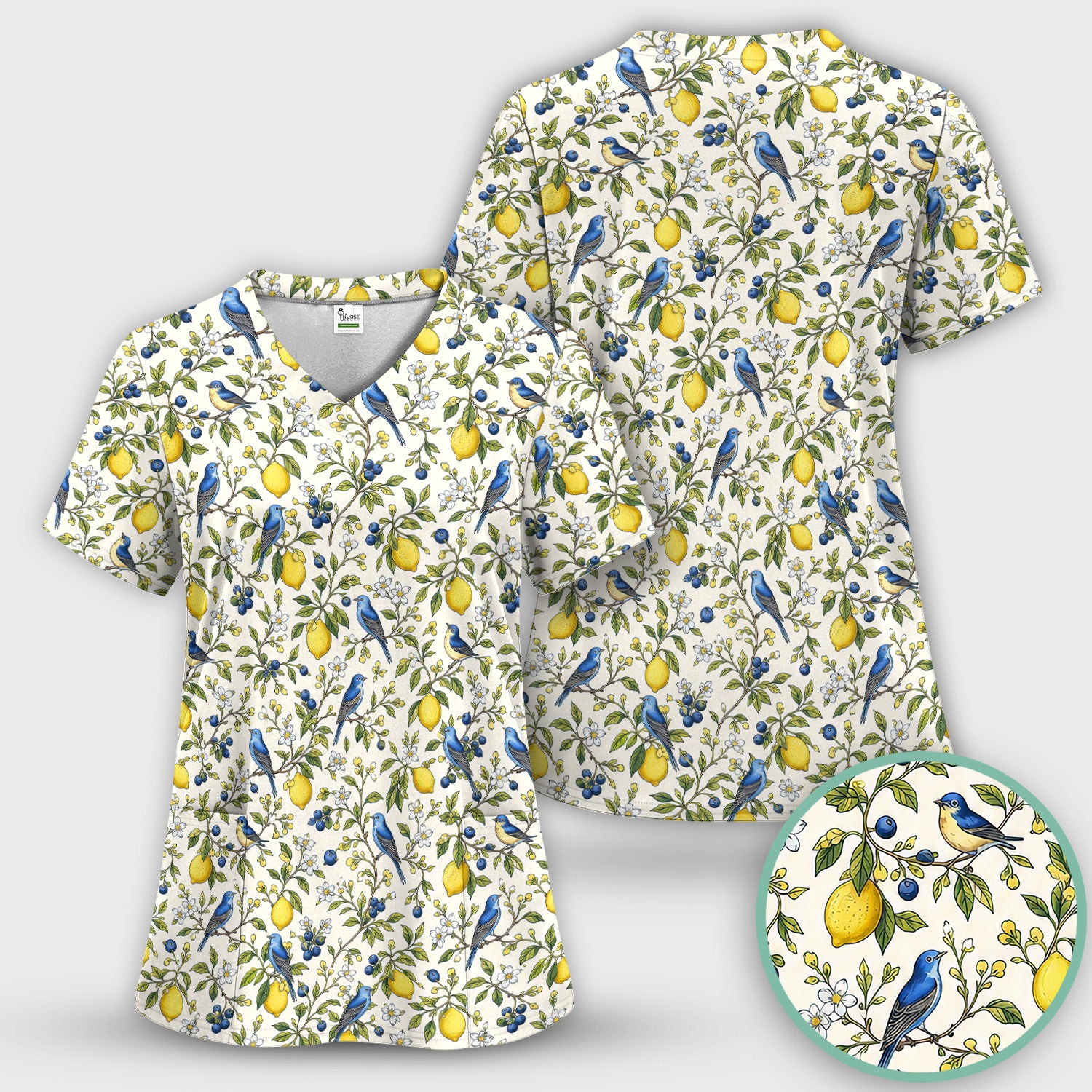Bluebird Lemon Blossom Pattern Scrub Top, Comfortable Scrubs for Nurses