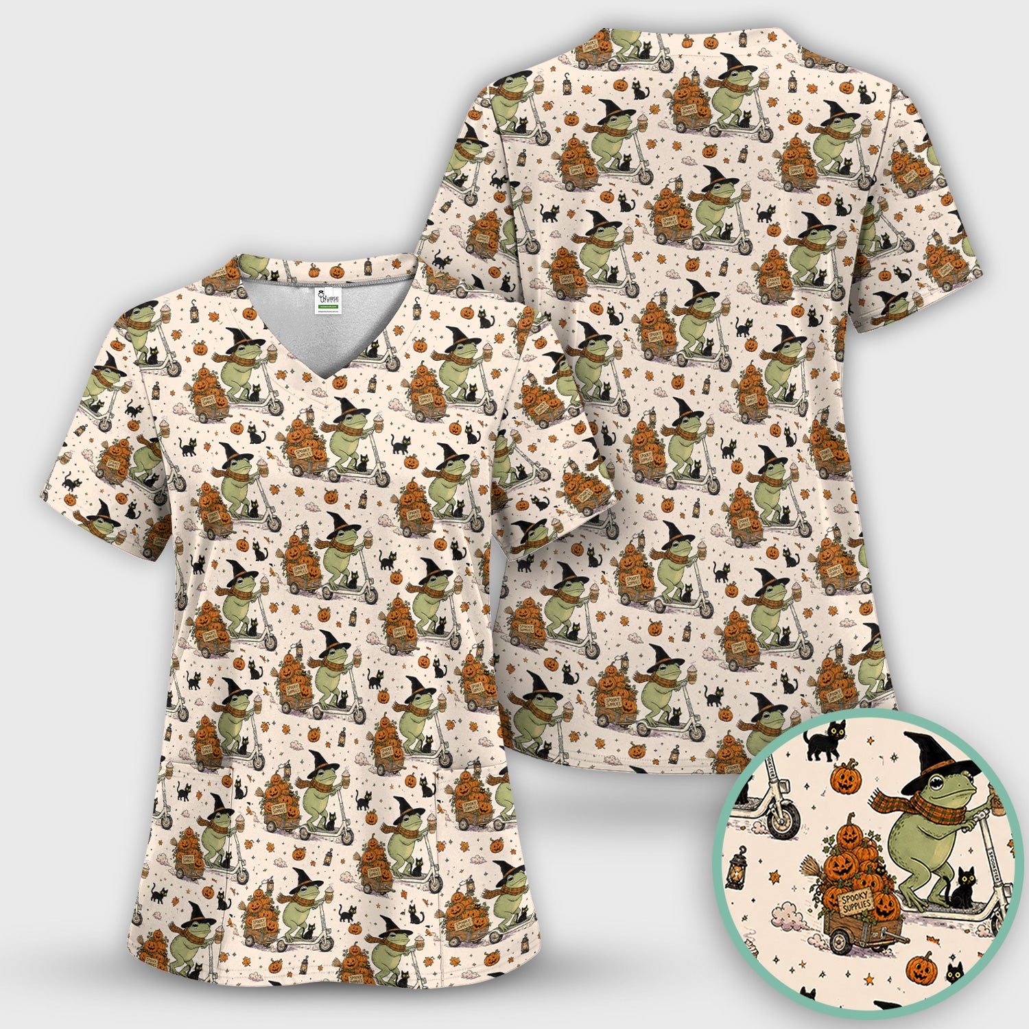 Cute Halloween Witch Frog And Pumpkins Scrub Set, Scrub Pants and V Neck Top