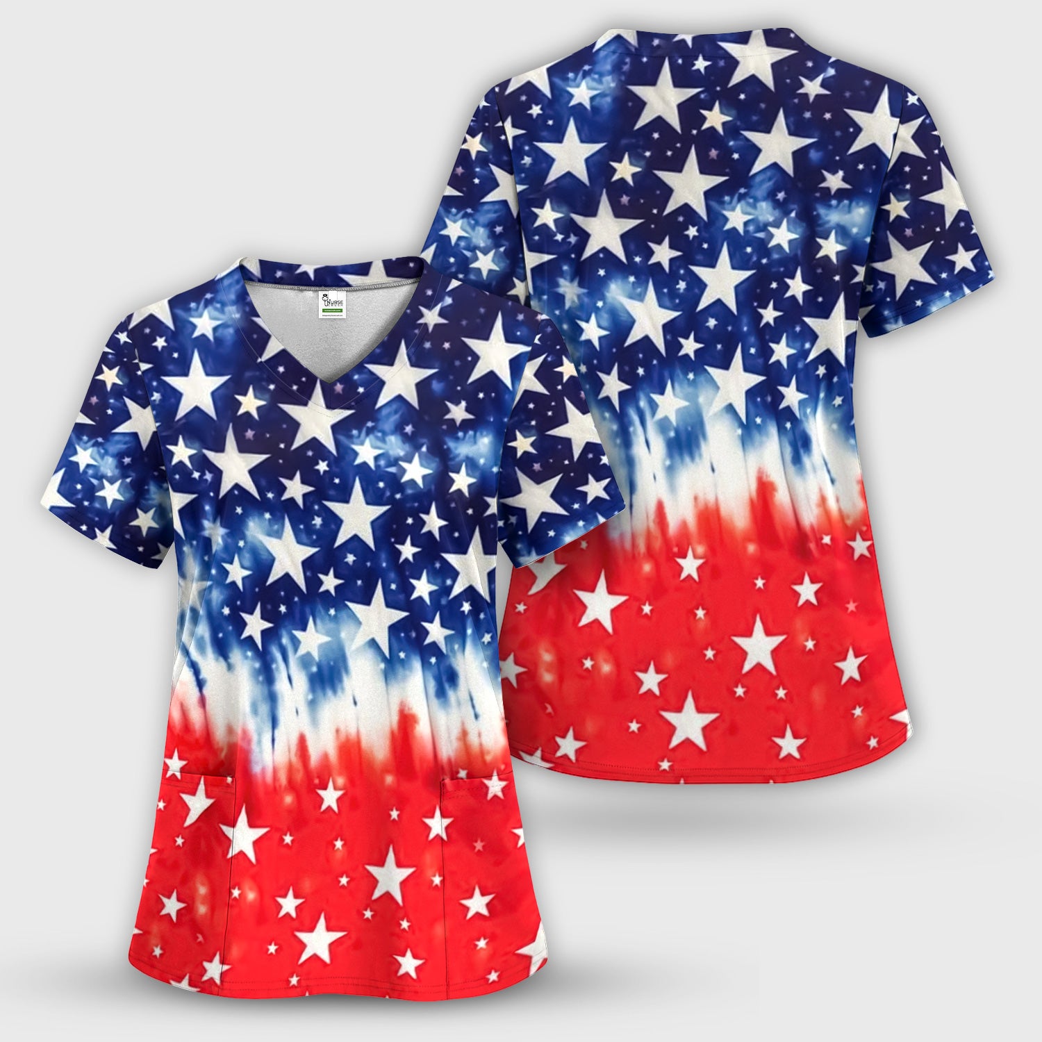 Patriotic Stars Tie Dye Pattern Scrub Set, Scrub Pants and V Neck Top