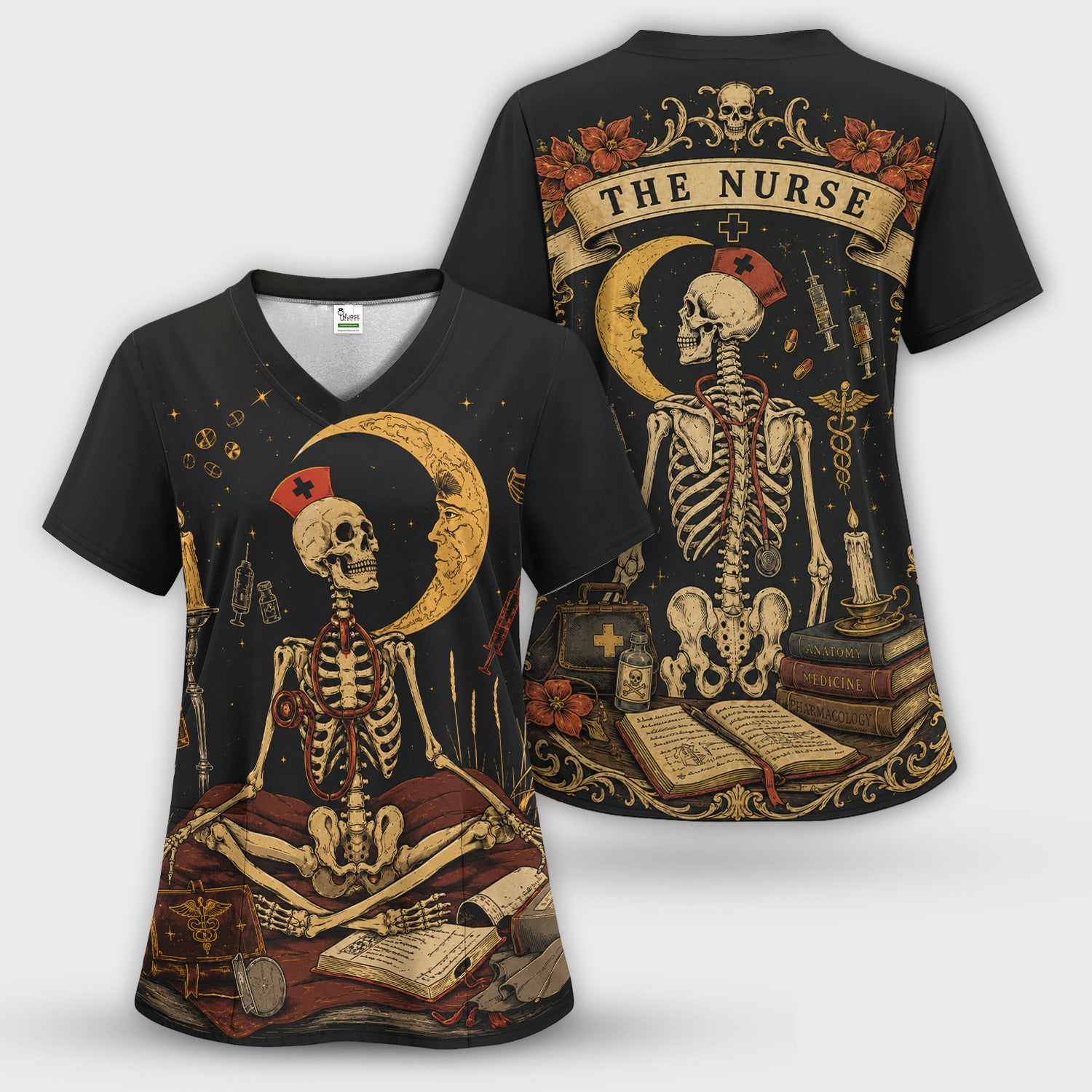 Breast Cancer Skeleton Nurse Scrub Set, Scrub Pants and V Neck Top