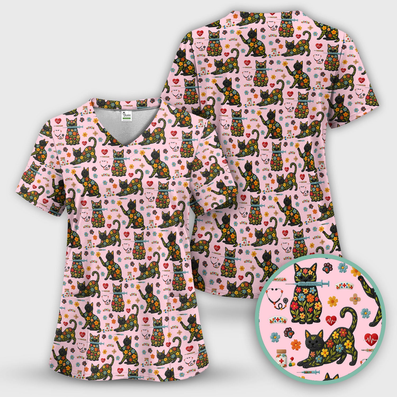 Floral Black Cat Pattern Scrub Top, Cute Cat Nurse Scrub Shirt, Medical Nursing Uniform