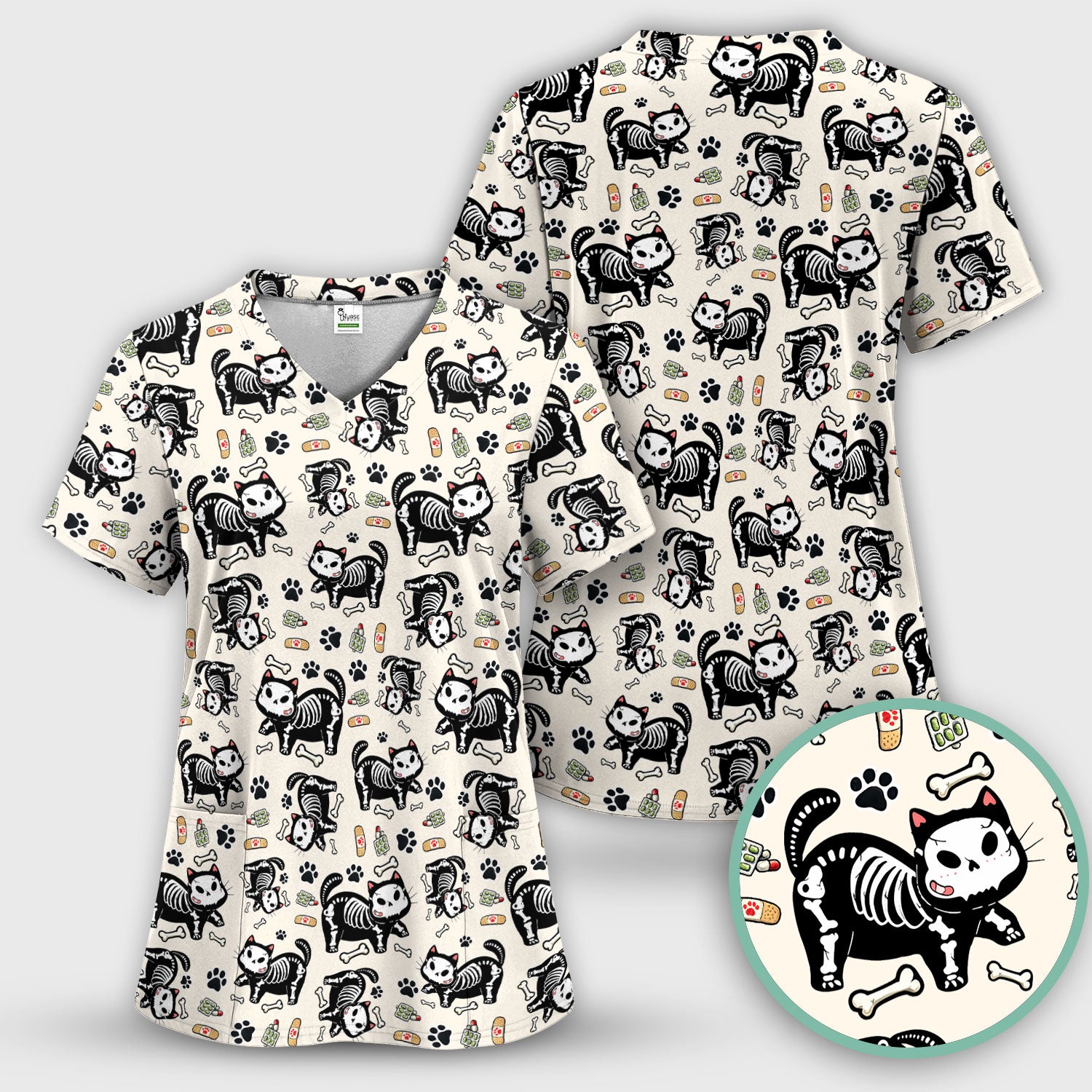 Skeleton Cat Medical Pattern Scrub Set, Scrub Pants and V Neck Top