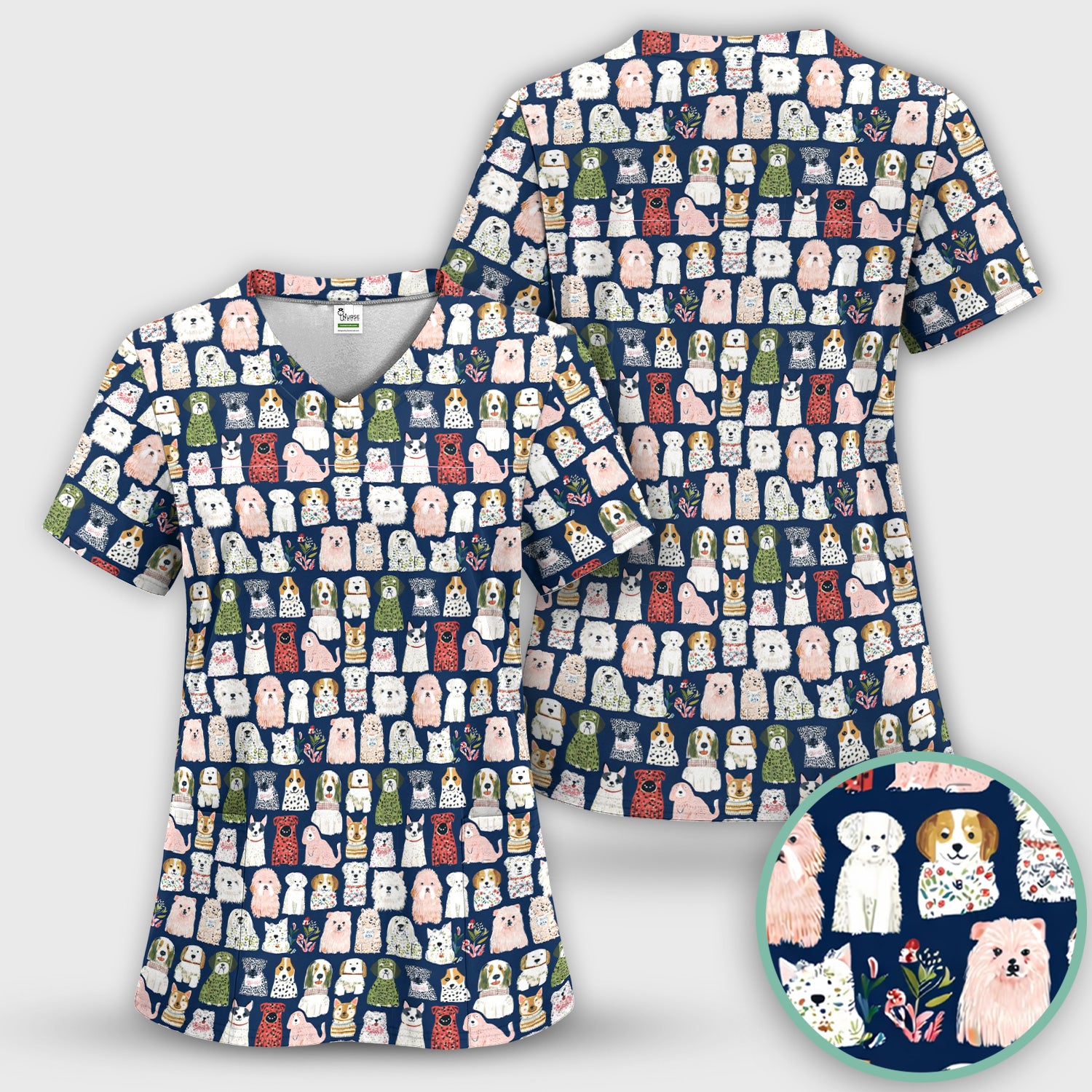 Cute Cartoon Dog Breeds Pattern Scrub Top, Comfortable Scrubs for Nurses
