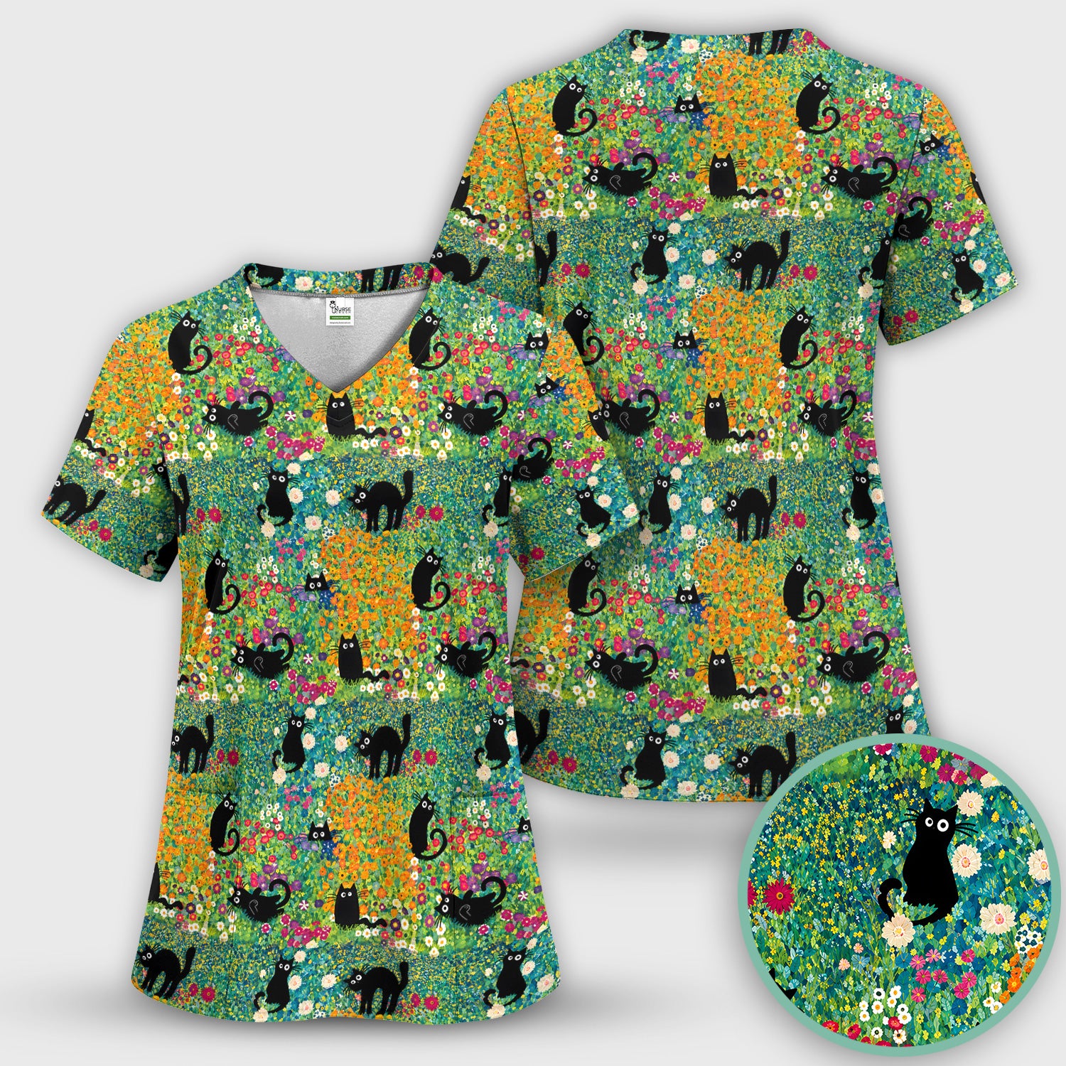 Black Cat Flower Garden Pattern Scrub Set, Scrub Pants and V Neck Top
