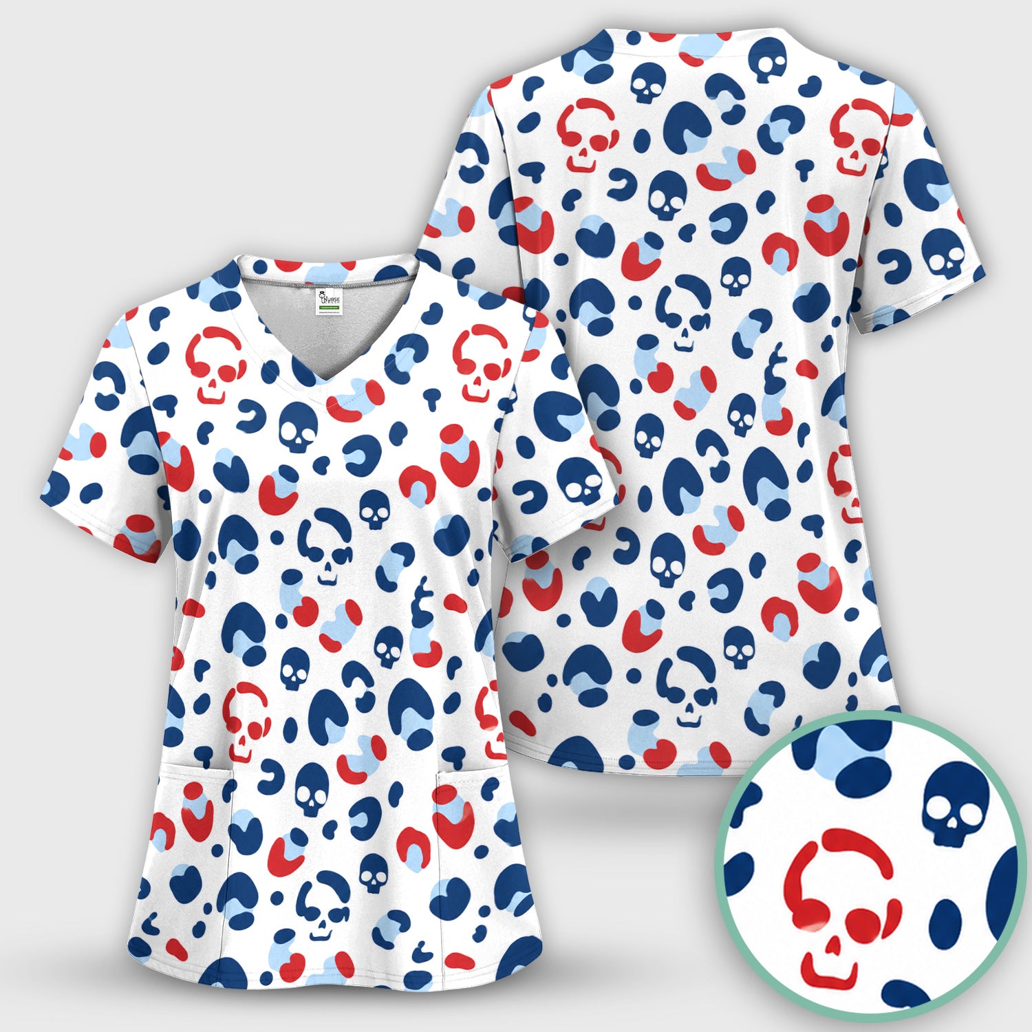 Red Blue Skull Leopard Pattern Scrub Top, Comfortable Scrubs for Nurses