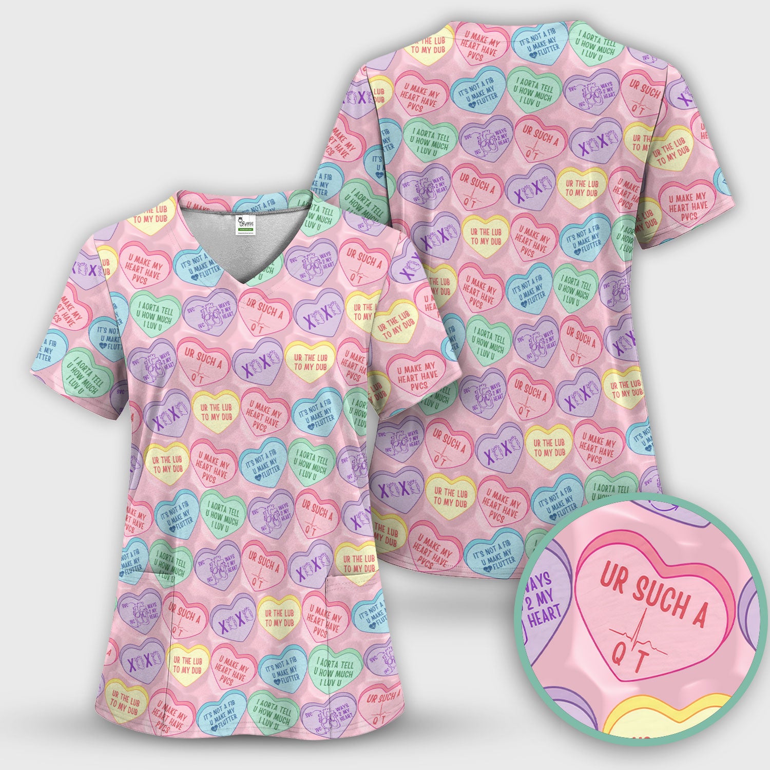 Medical Candy Heart Valentine Pattern Scrub Top, Fun Medical Pattern, Comfortable Scrubs for Nurses