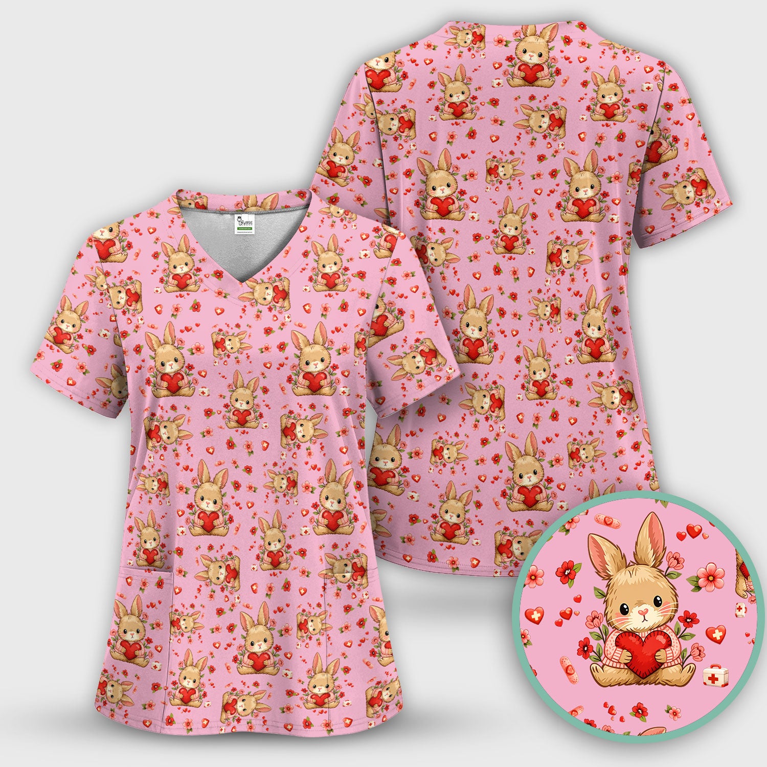 Adorable Bunny Heart Healthcare Design Scrub Top, Comfortable Scrubs for Nurses, Easter