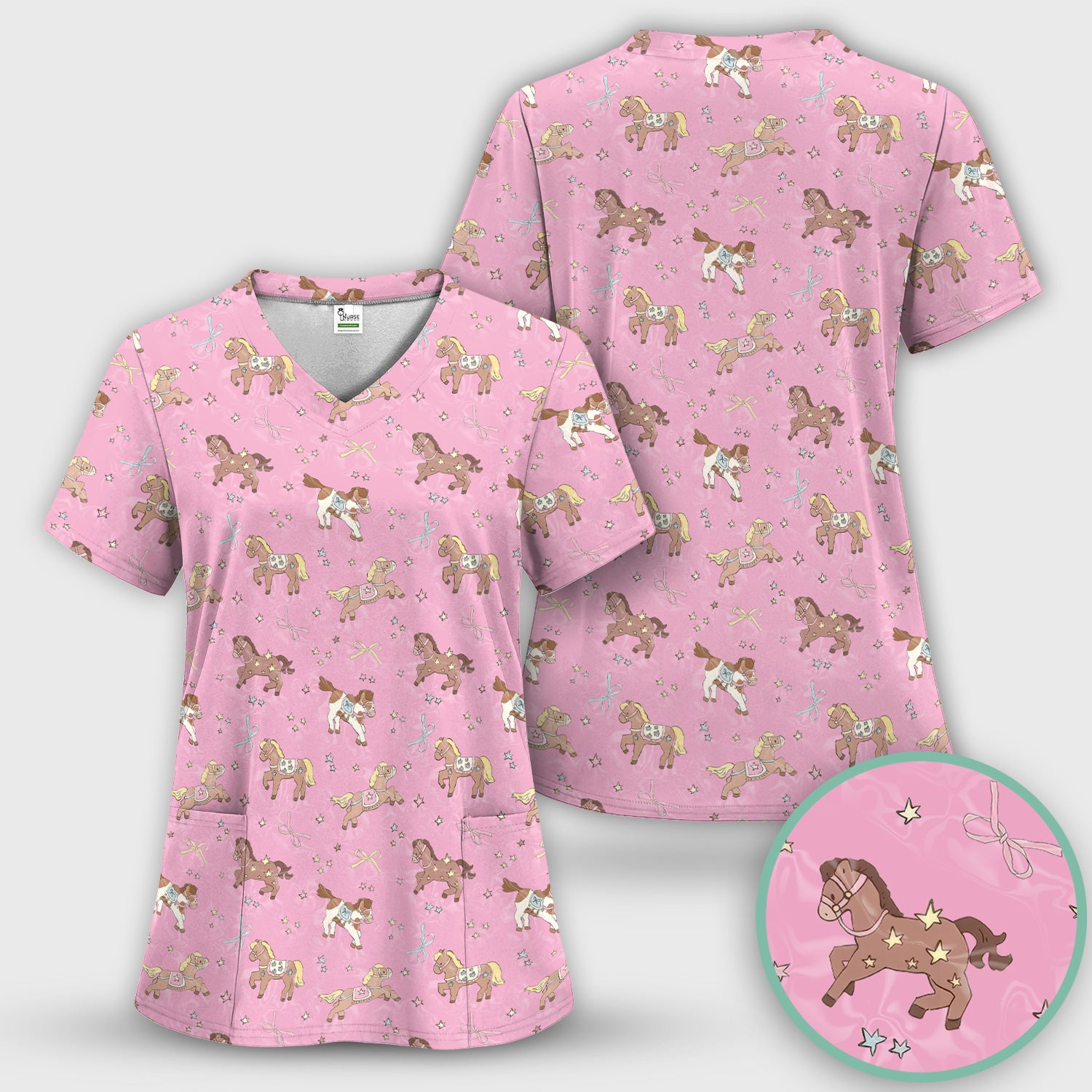 Cute Pony Star Pattern Scrub Top, Comfortable Scrubs for Nurses