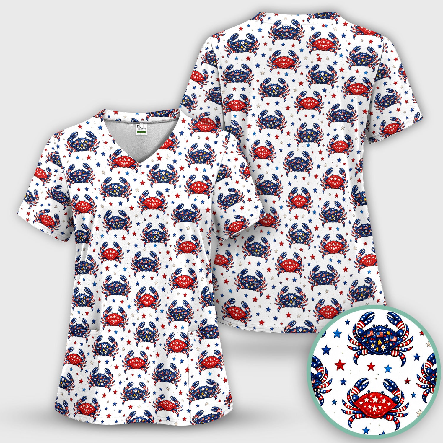 Patriotic Crab Stars Pattern Scrub Top, Comfortable Scrubs for Nurses