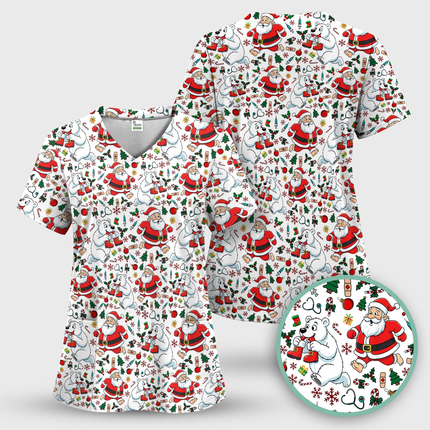Christmas Santa & Polar Bear Scrub Top - Funny Holiday Nurse Shirt for Women - Cute Winter Medical Uniform