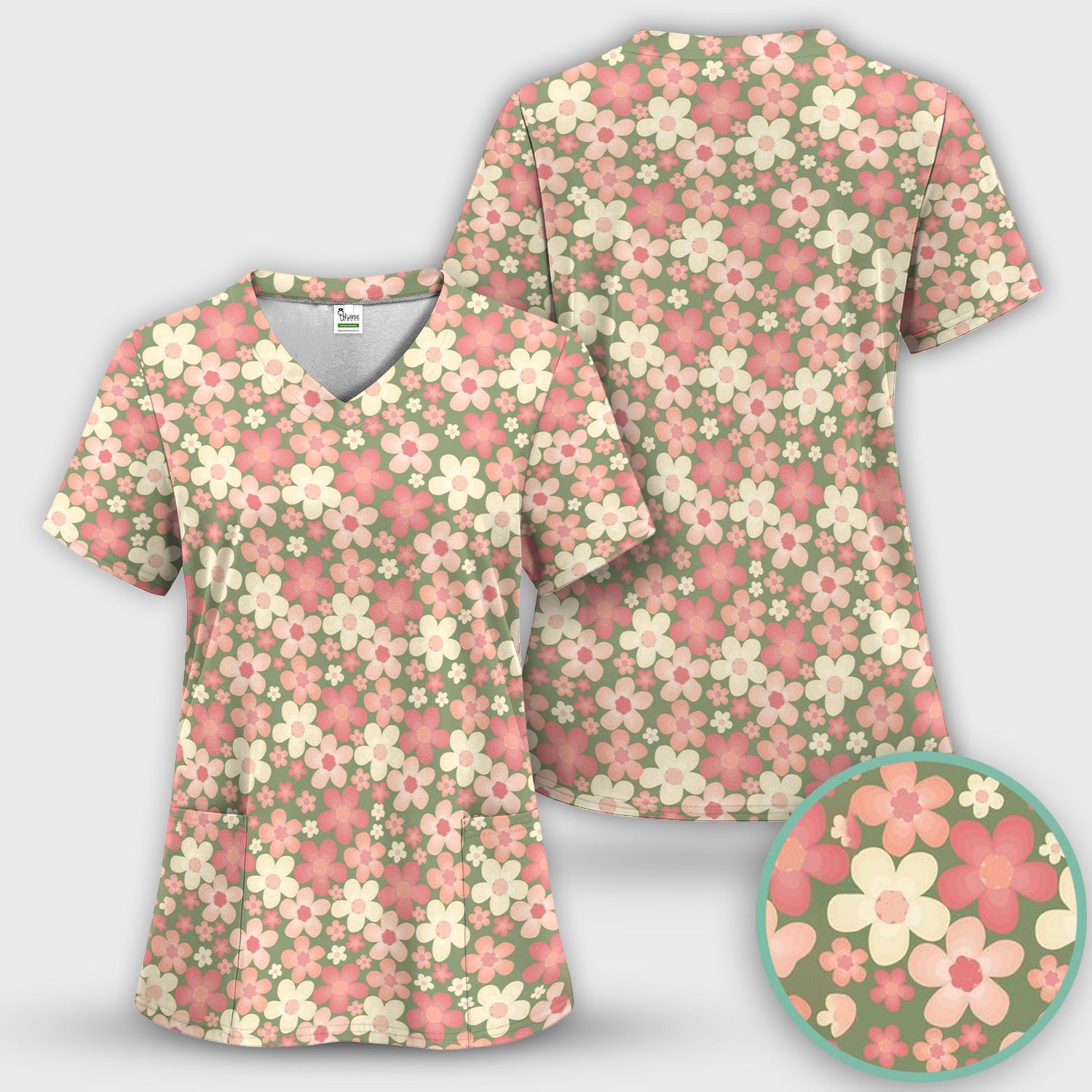 Retro Floral Print Scrub Top, Comfortable Scrubs for Nurses