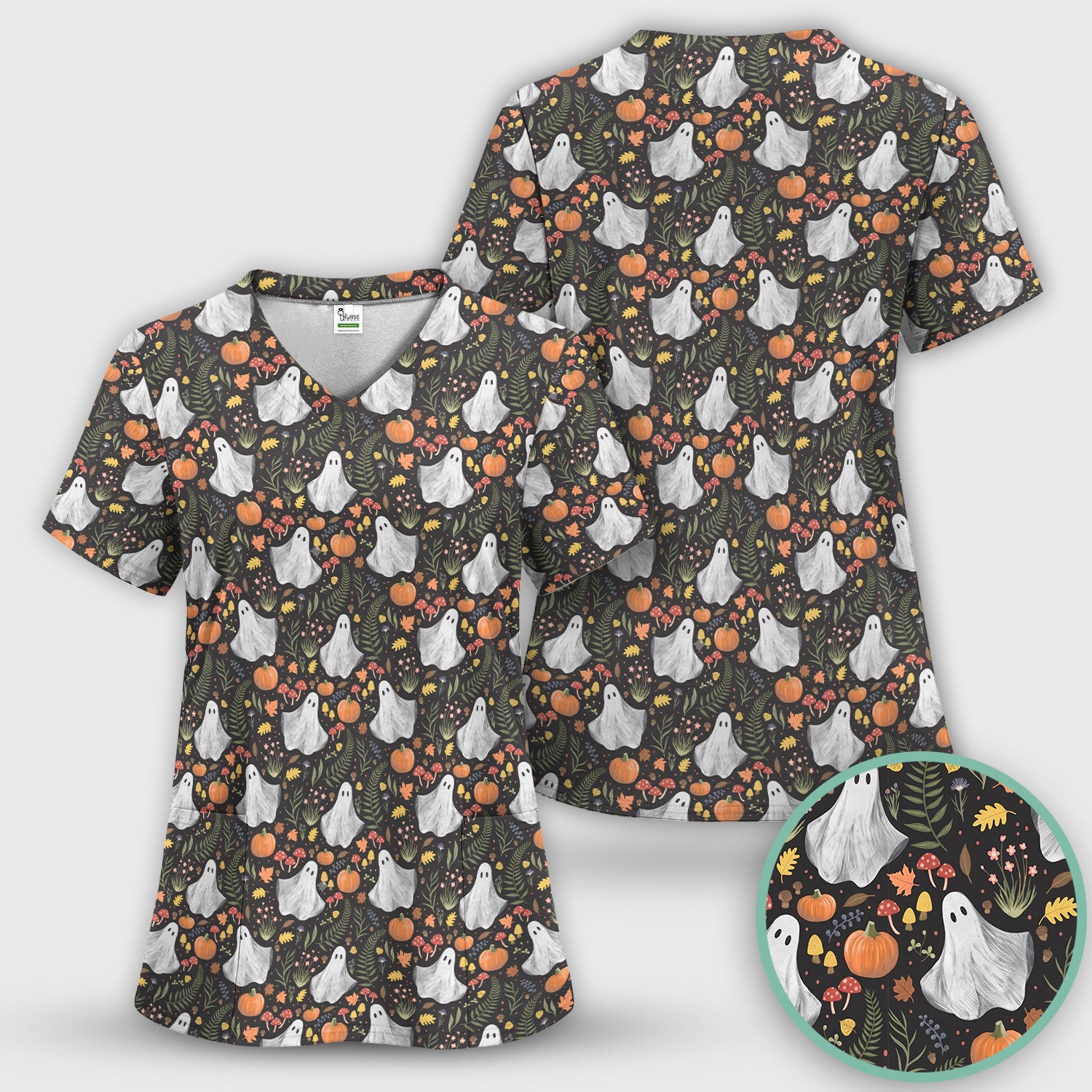 Pumpkin Woodland Pattern Scrub Set, Scrub Pants and V Neck Top