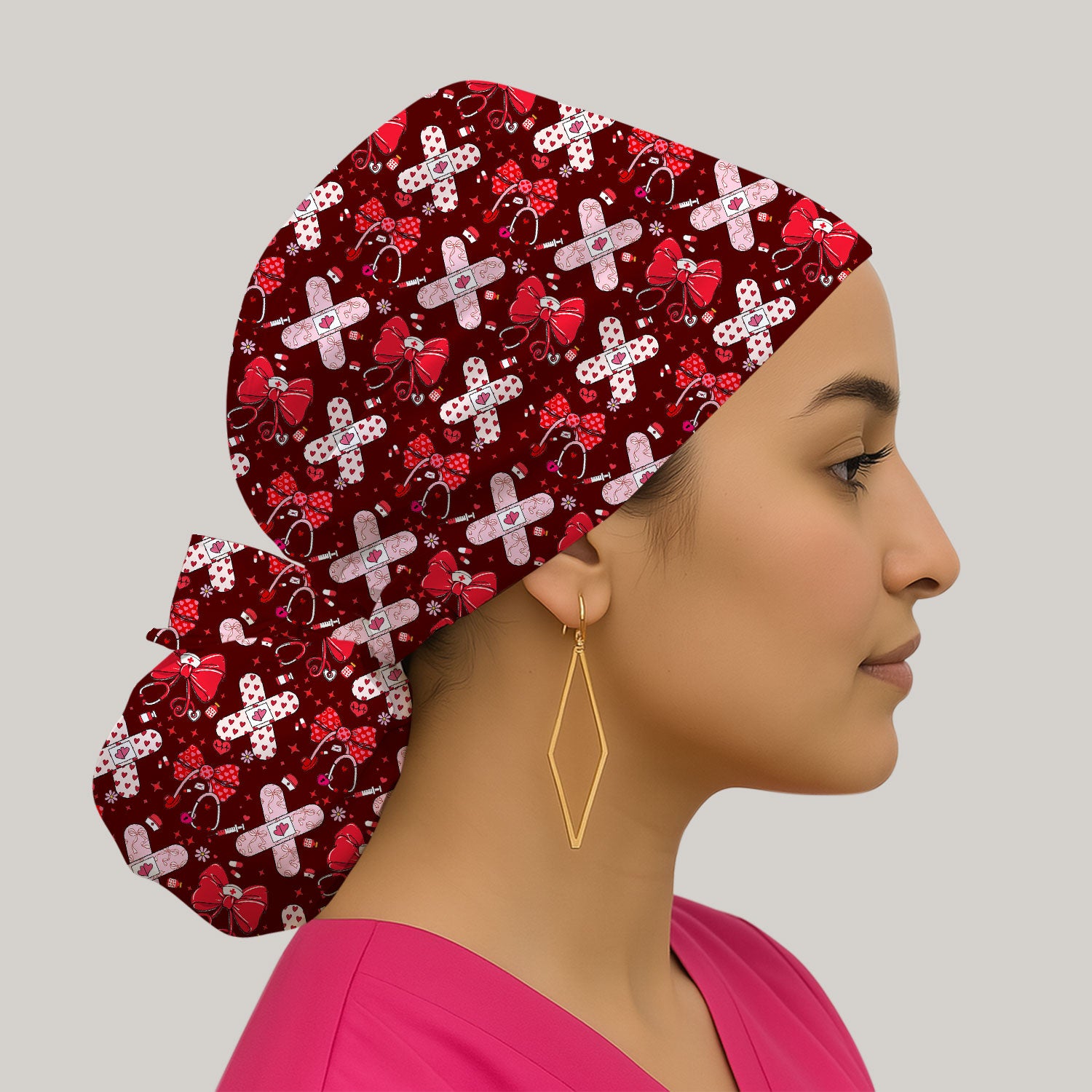 Valentine Nurse Scrub Cap, Red Bow And Heart Bandage Pattern Medical Hat, Breathable Fabrics Nursing Uniform