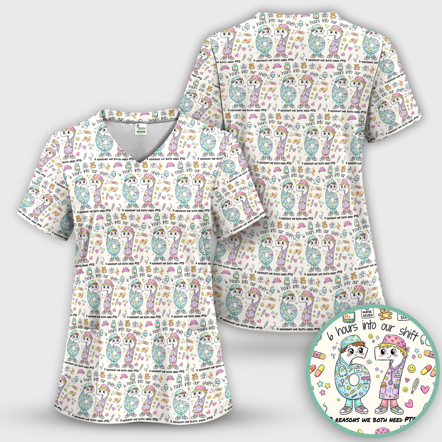 Cartoon Characters Six Hours Into Shift With Medical Doodle Scrub Set, Breathable Med Uniform