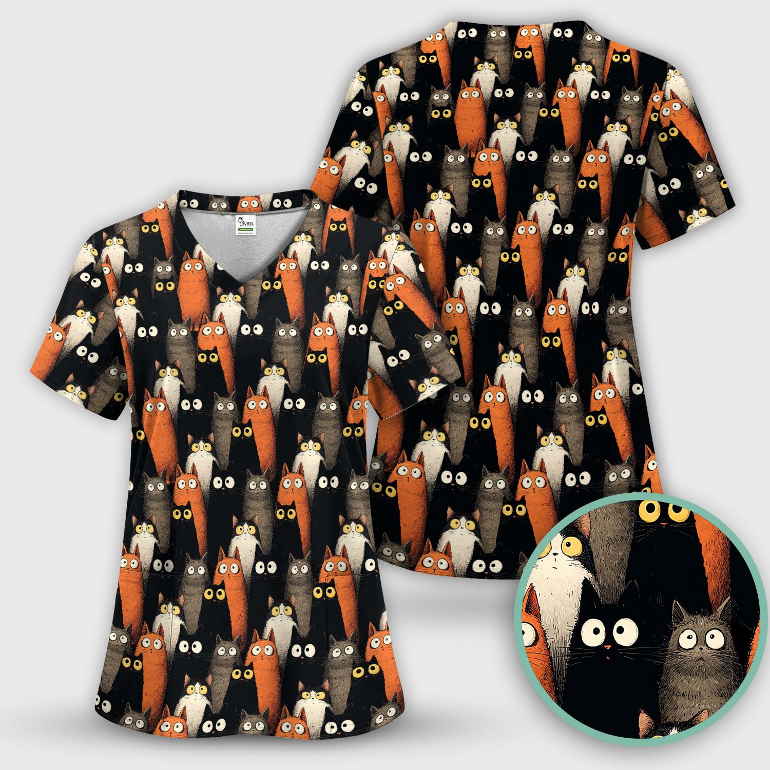 Black Cat Pattern Nurse Scrub Top, Cat Lover Nurse Shirt, Breathable Fabrics Nursing Uniform