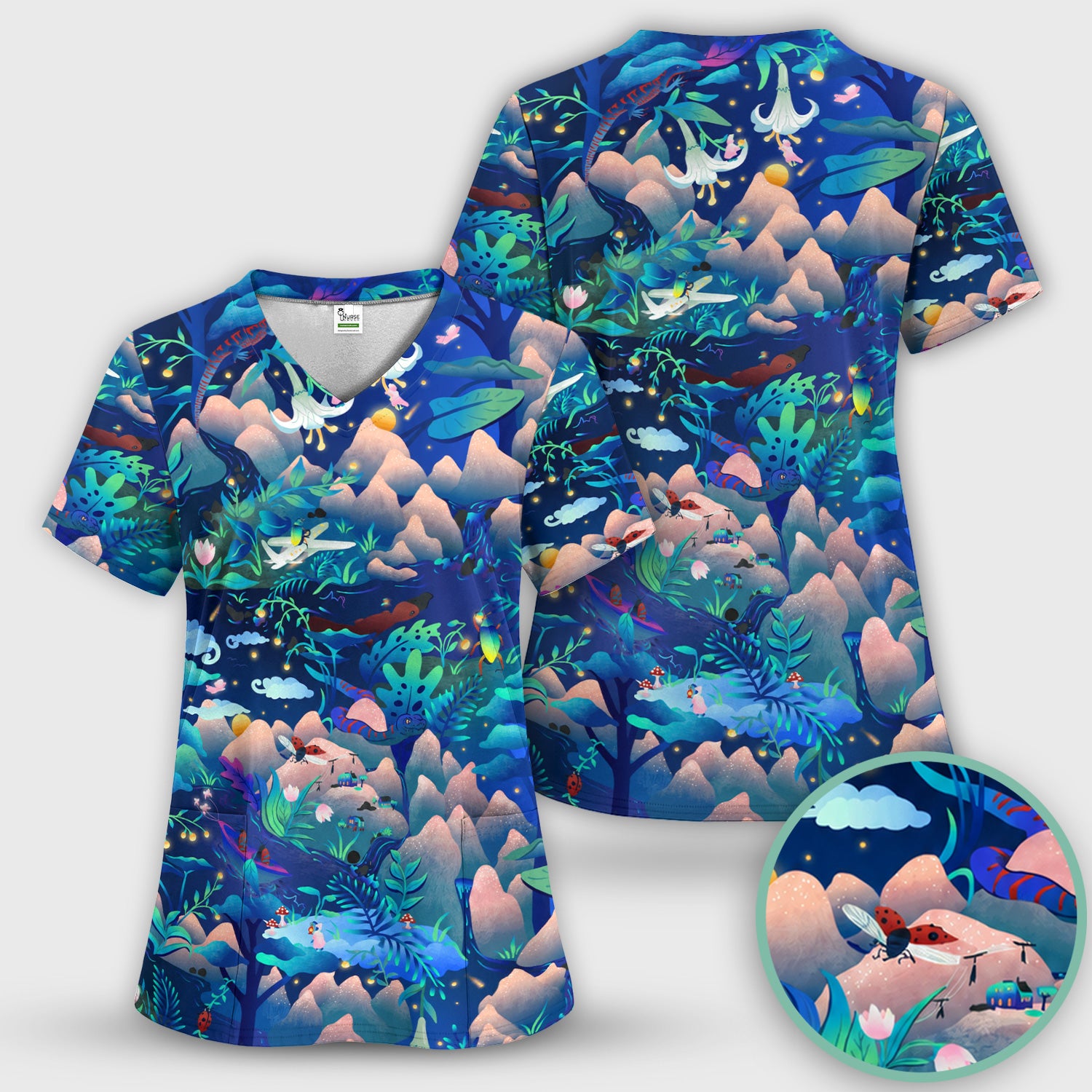 Whimsical Mountain Bug Print Scrub Top, Comfortable Scrubs for Nurses