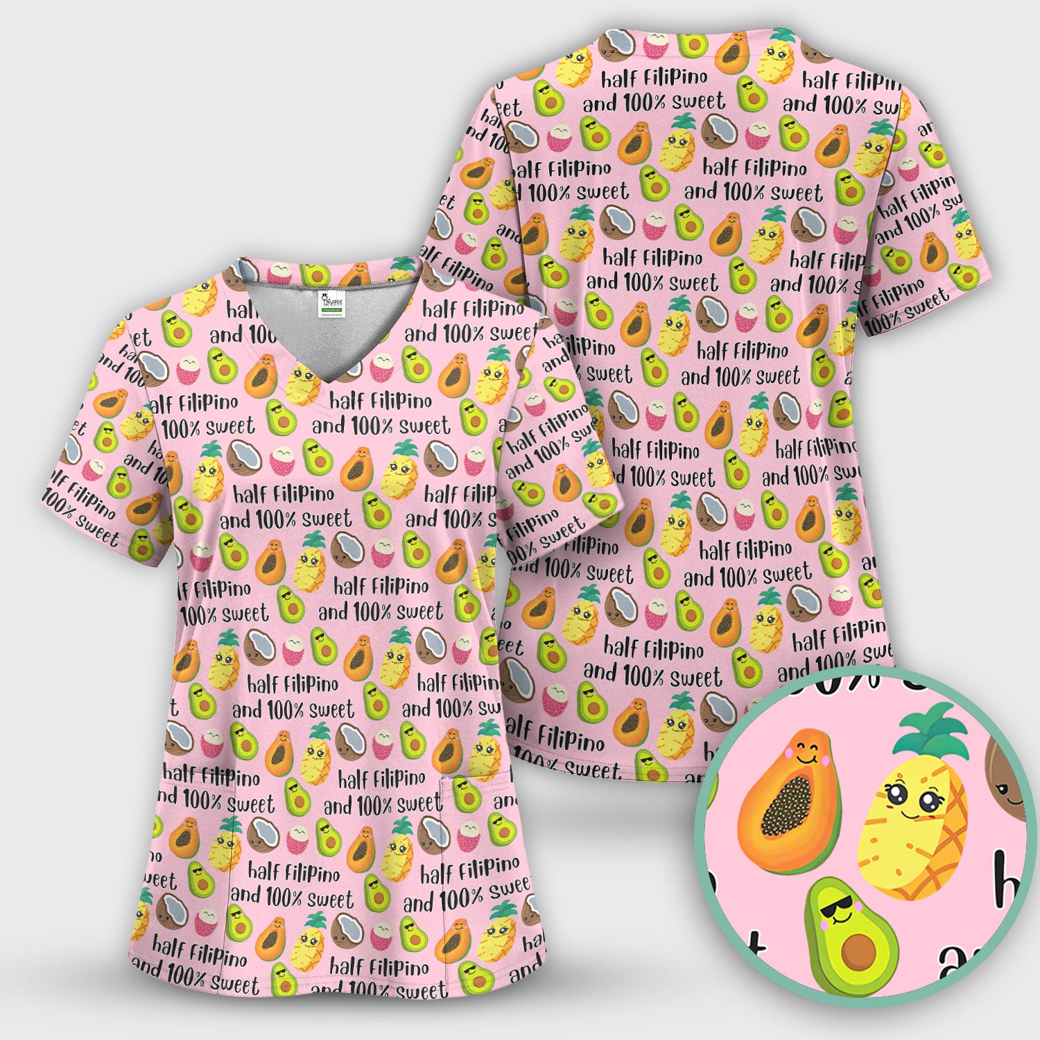 Playful Avocado Fruit Print Filipino Quote Scrub Top, Breathable Fabrics Nursing Uniform