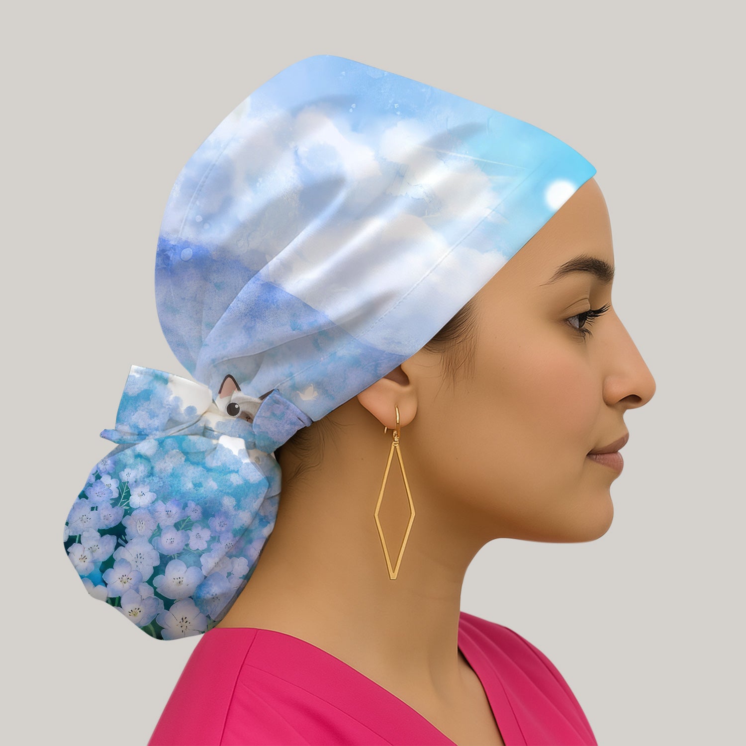 Dreamy Cat Cloud Hydrangea Sky Pattern Scrub Cap, Surgical Caps for Doctors