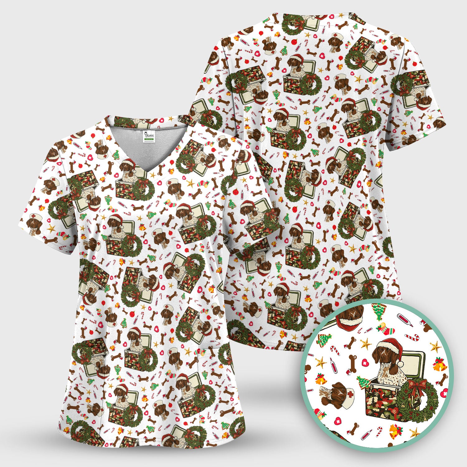 Christmas Dachshund Scrub Top - Cute Sausage Dog Nurse Shirt - Funny Holiday Medical Uniform for Women RN LPN CNA Gift