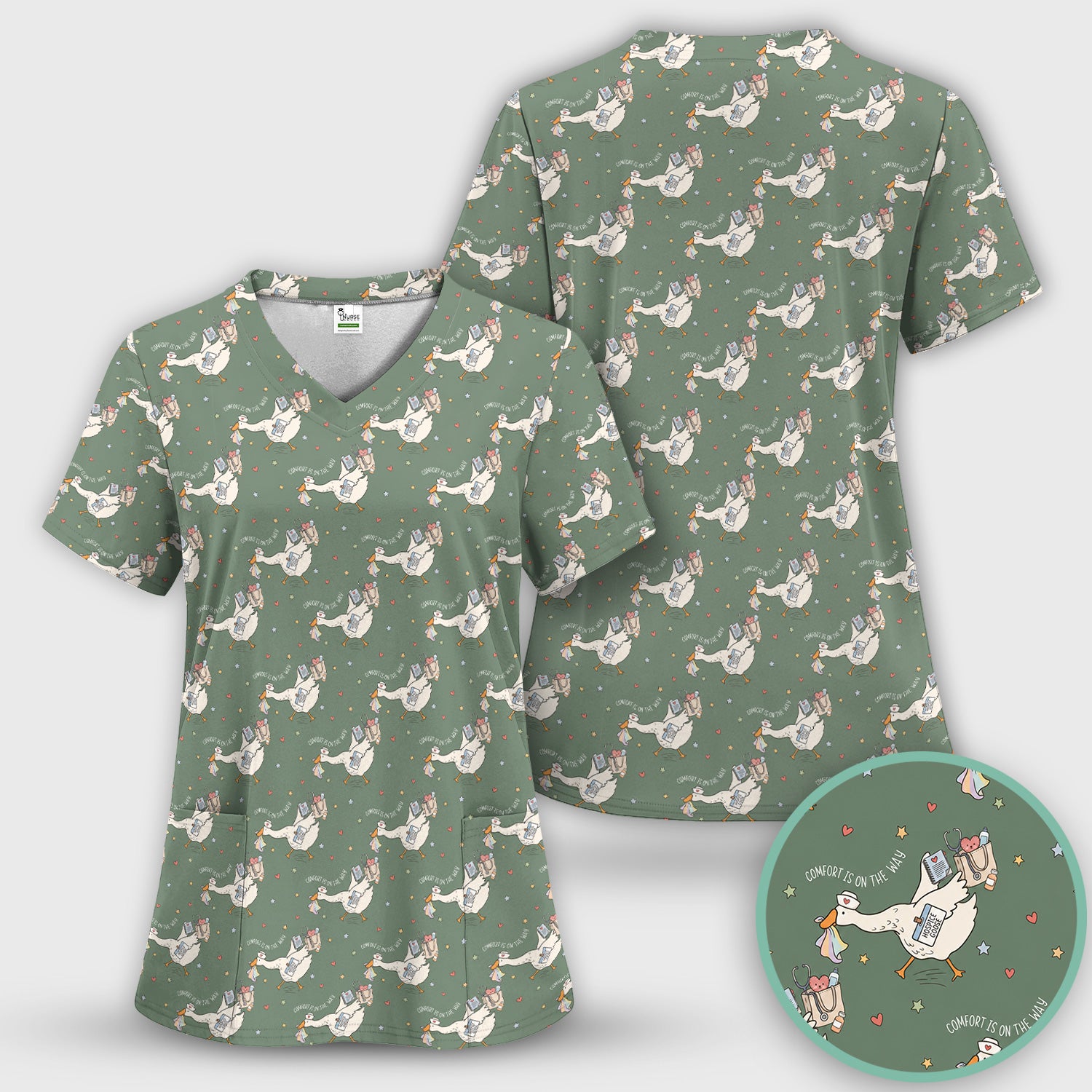 Cute Comfort Is On The Way Goose Scrub Set, Scrub Pants and V Neck Top