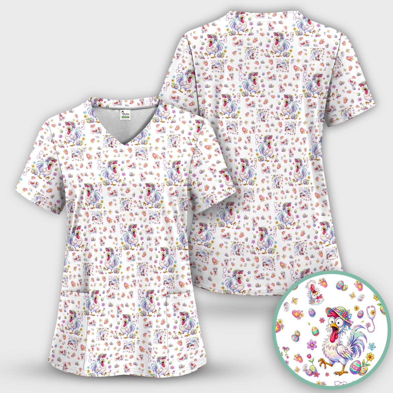 Funny Easter Nurse Chicken Pattern Scrub Top, Comfortable Scrubs for Nurses