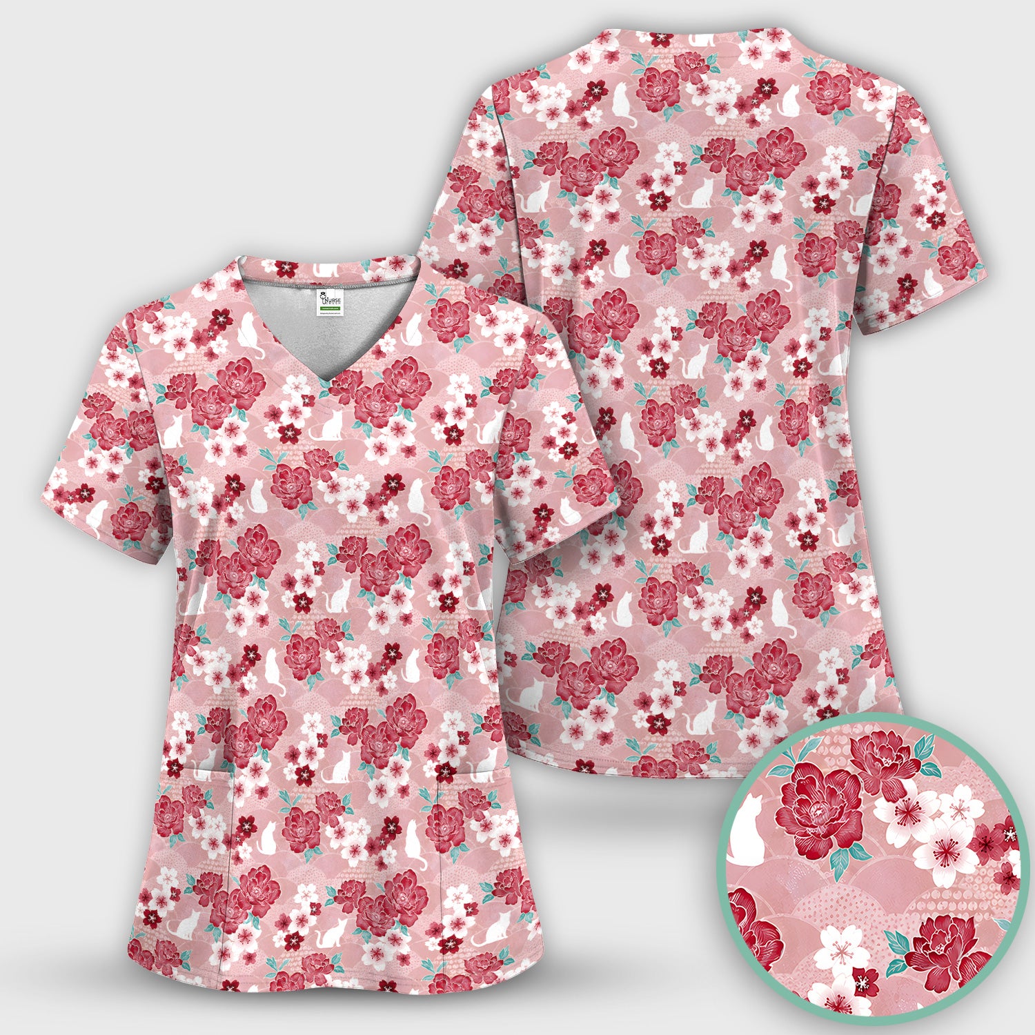 Floral White Cat Nurse Scrub Top for RN, CNA, Veterinary Staff, Cat Lover Uniform