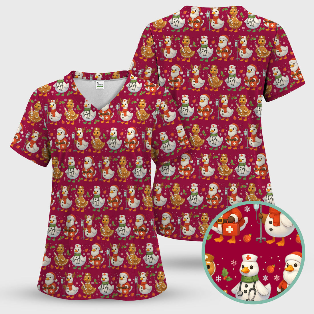 Christmas Goose Scrubs for Women - Funny Holiday Goose Pattern Medical Scrub Top - Festive Christmas Scrubs with Cute Nurse Design