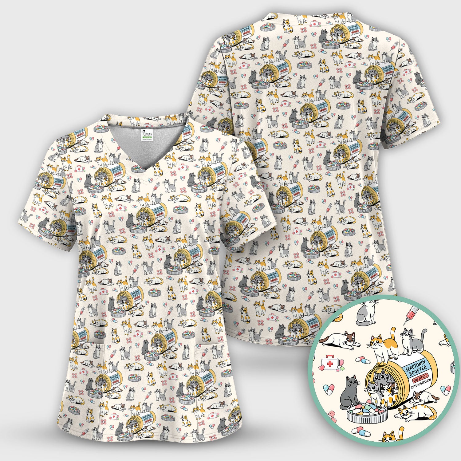 Cute Cat Serotonin Booster Pattern Scrub Top, Comfortable Scrubs for Nurses